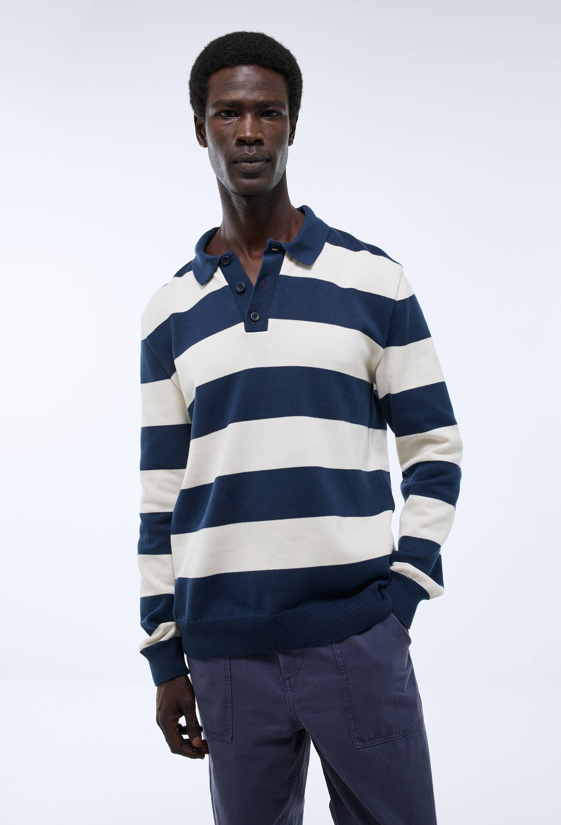 Pull col polo ray&eacute; Made in France, Bleu fonc&eacute;, large image number 0