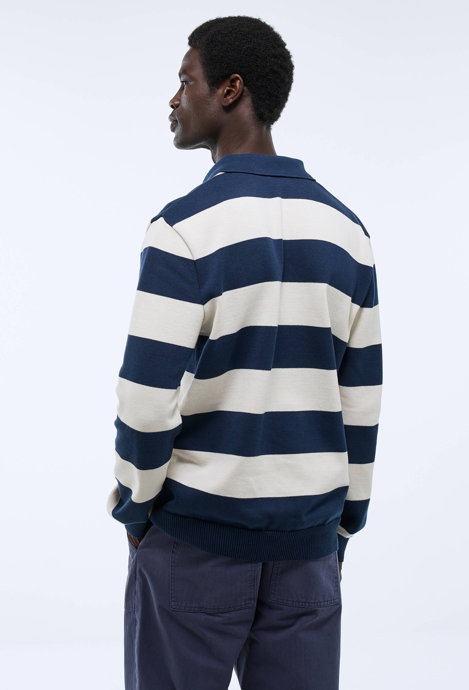 Pull col polo ray&eacute; Made in France, Bleu fonc&eacute;, large image number 1