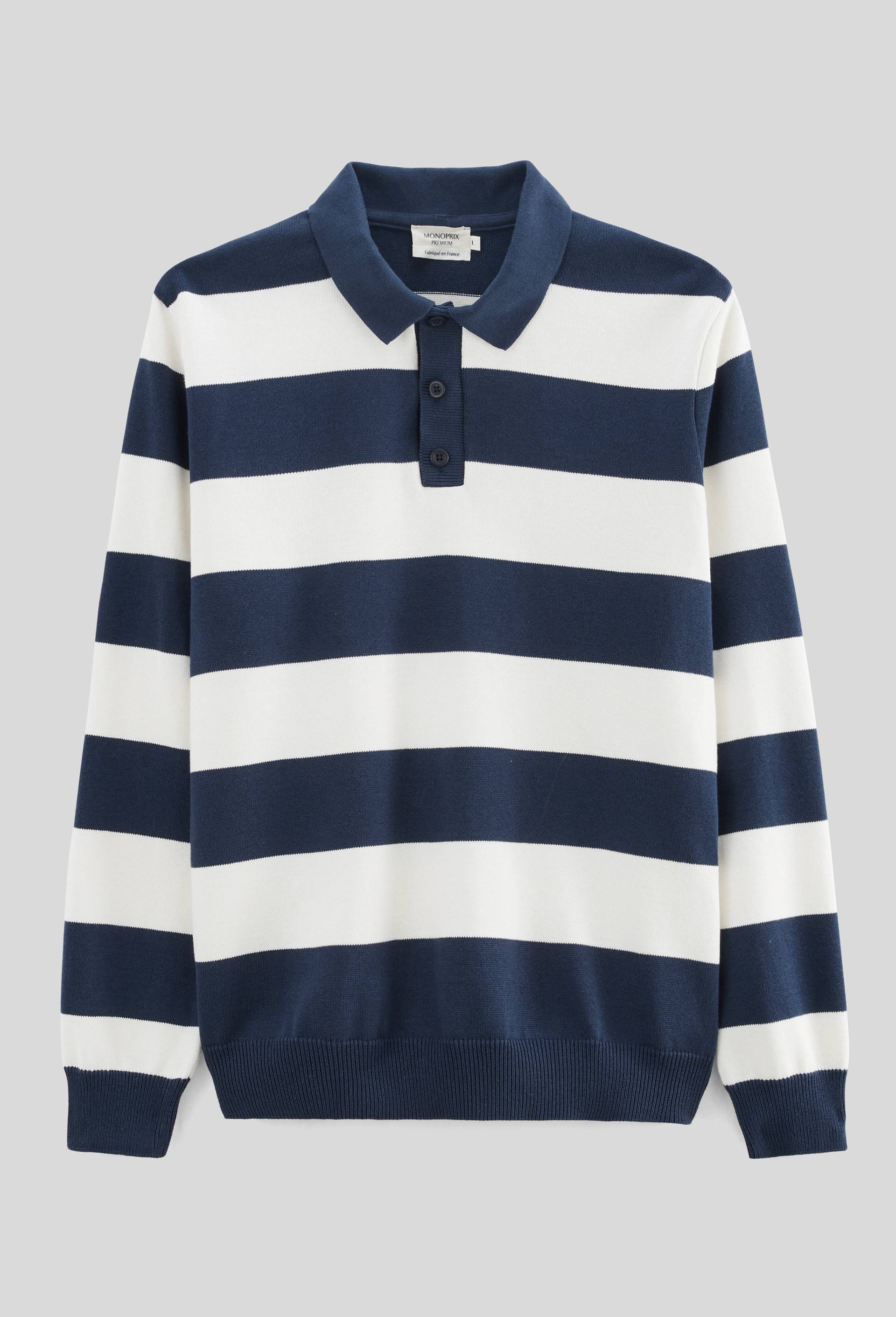 Pull col polo ray&eacute; Made in France, Bleu fonc&eacute;, large image number 2
