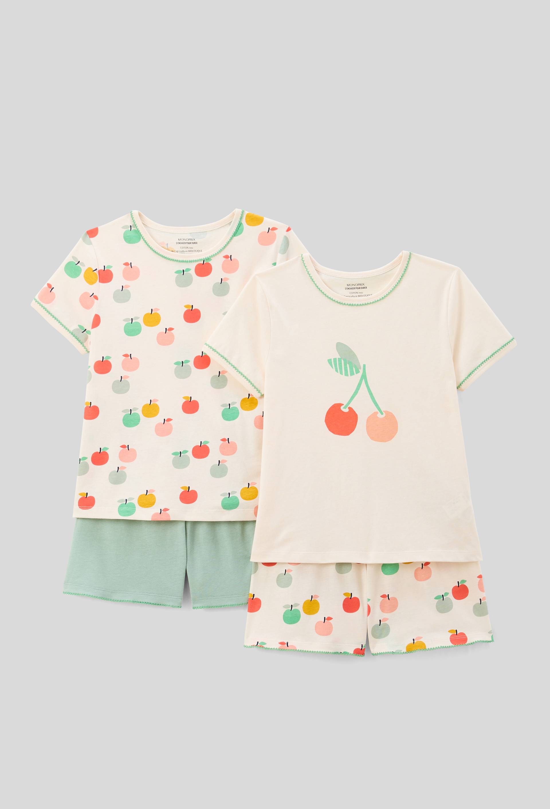 Lot de 2 pyjamas shorts imprim&eacute; en jersey coton BIO GOTS, Vert clair, large image number 0