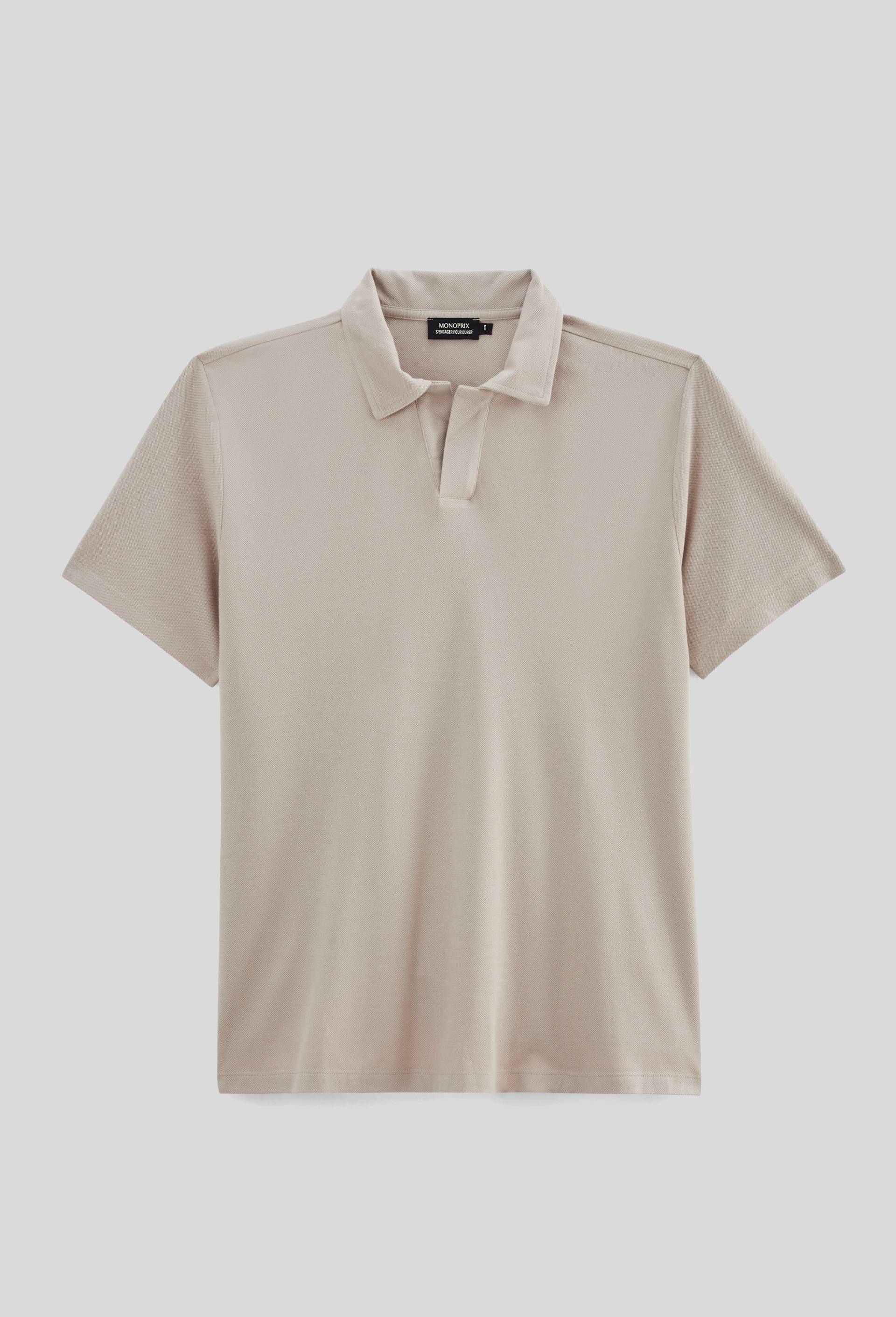 Polo col v manches courtes  en coton, Beige clair, large image number 2.0