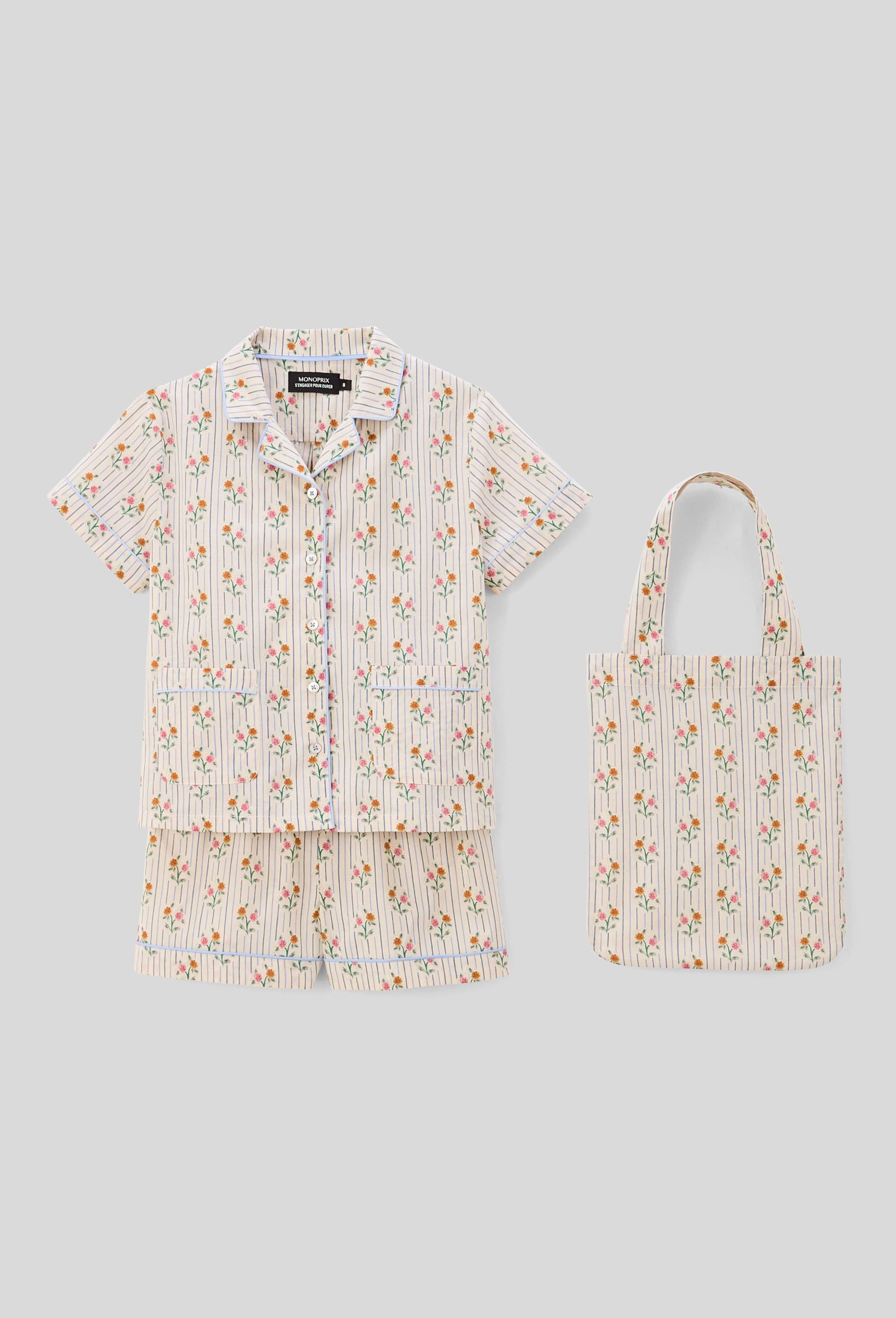 Pyjama chemise short imprimé en coton BIO GOTS, Beige clair, large image number 0