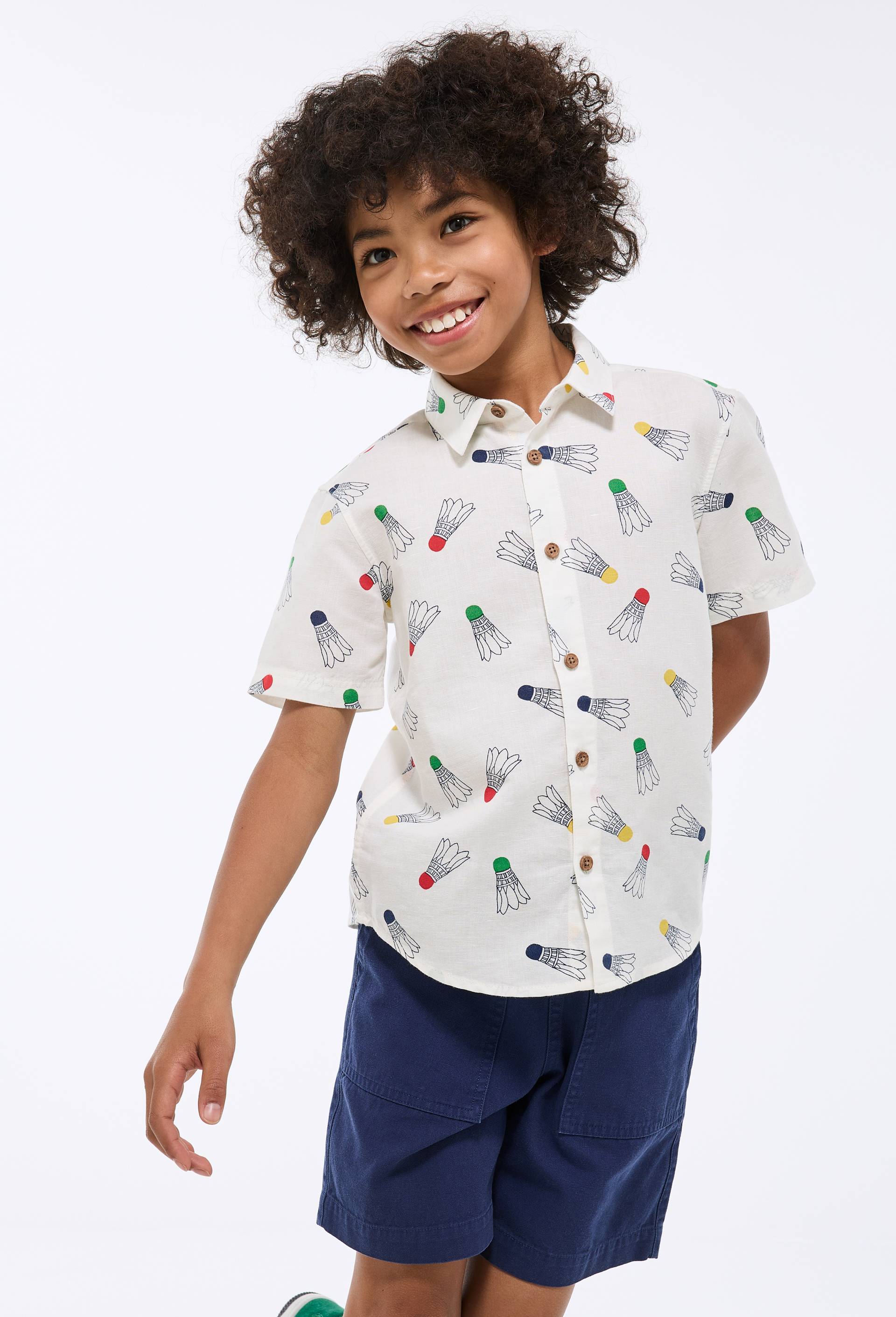 Chemise manches courtes imprim&eacute;e en coton et lin, Beige clair, large image number 0