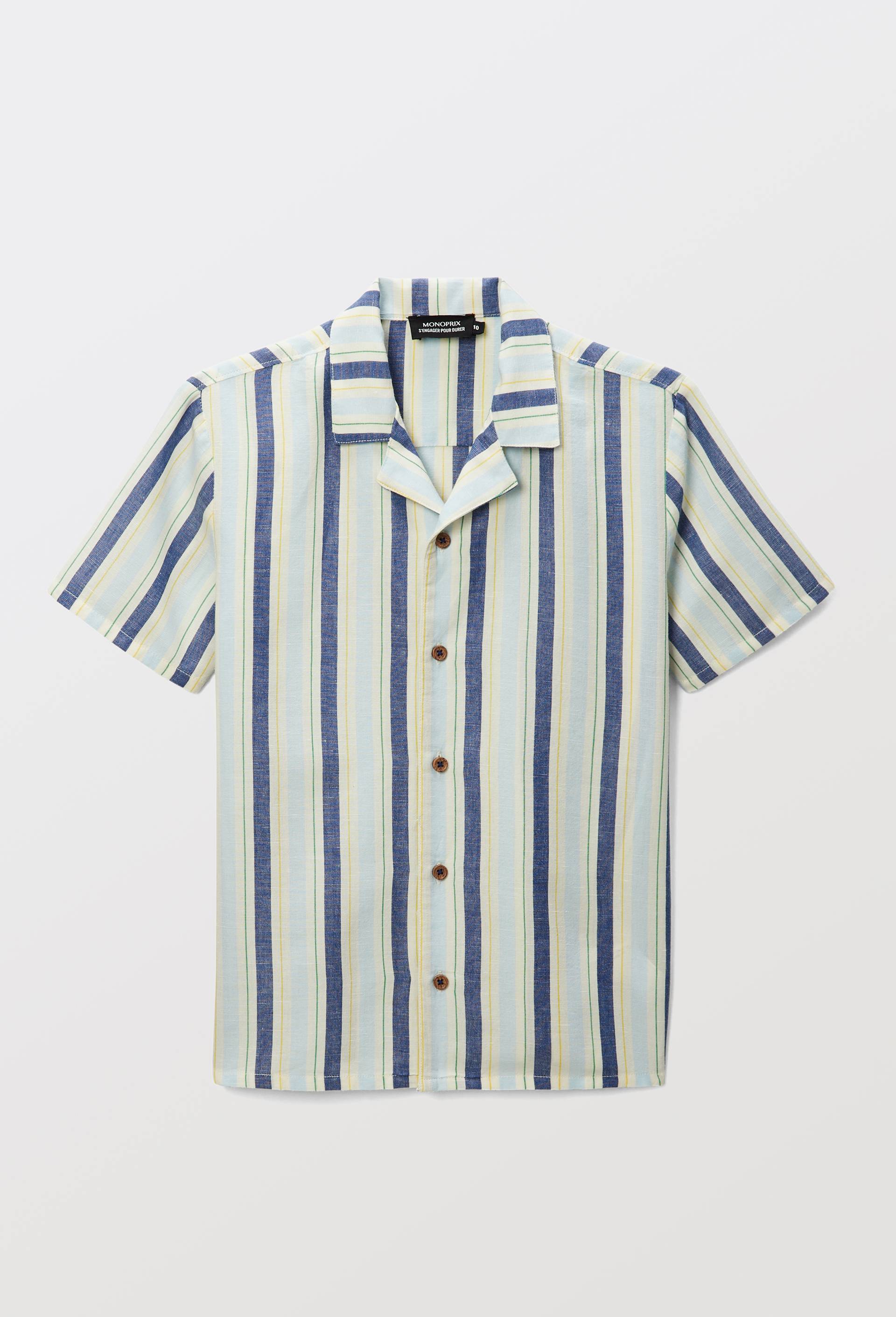 Chemise manches courtes rayée en coton et lin, Bleu, large image number 1