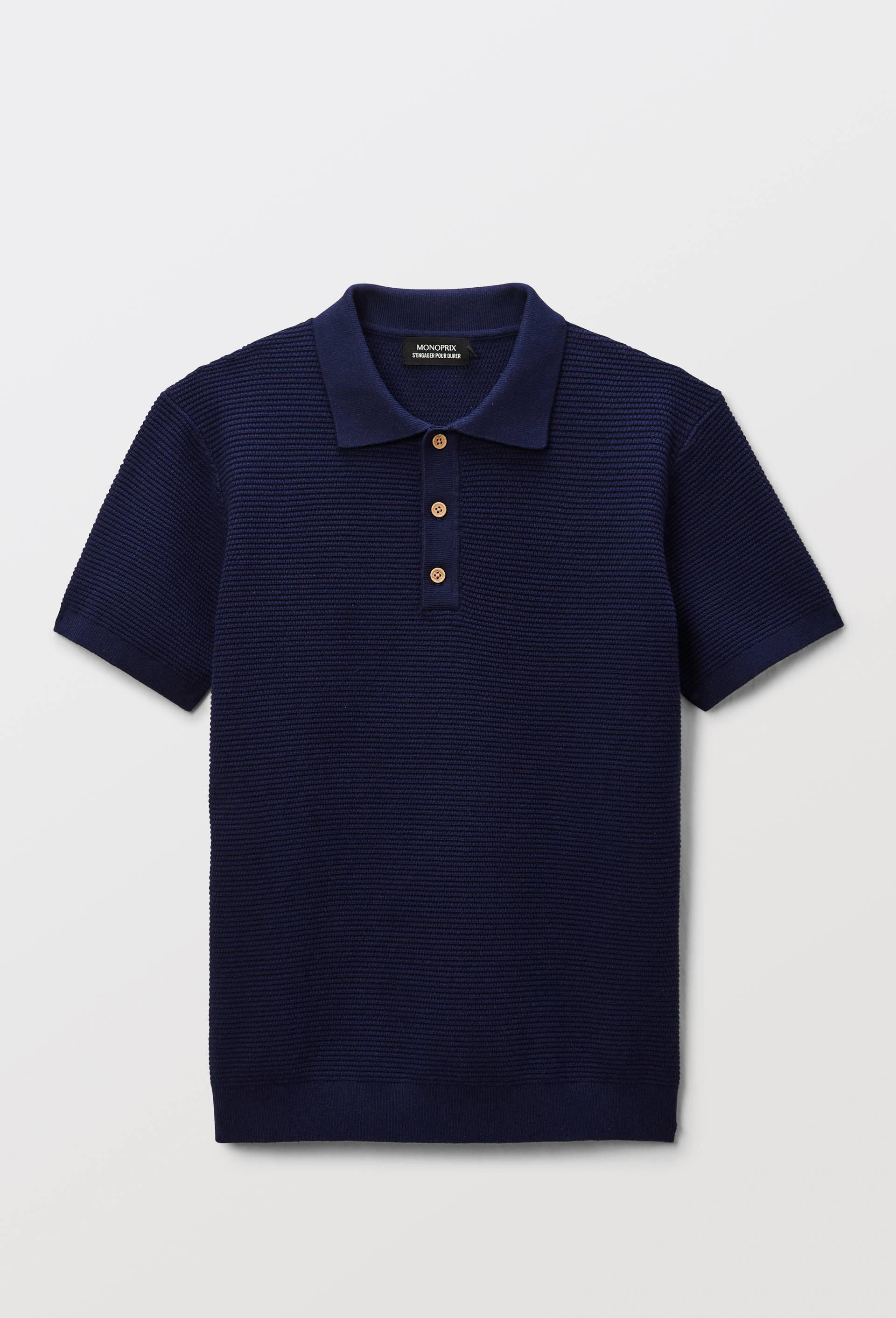 Polo maille manches courtes uni en coton, Bleu foncé, large image number 0