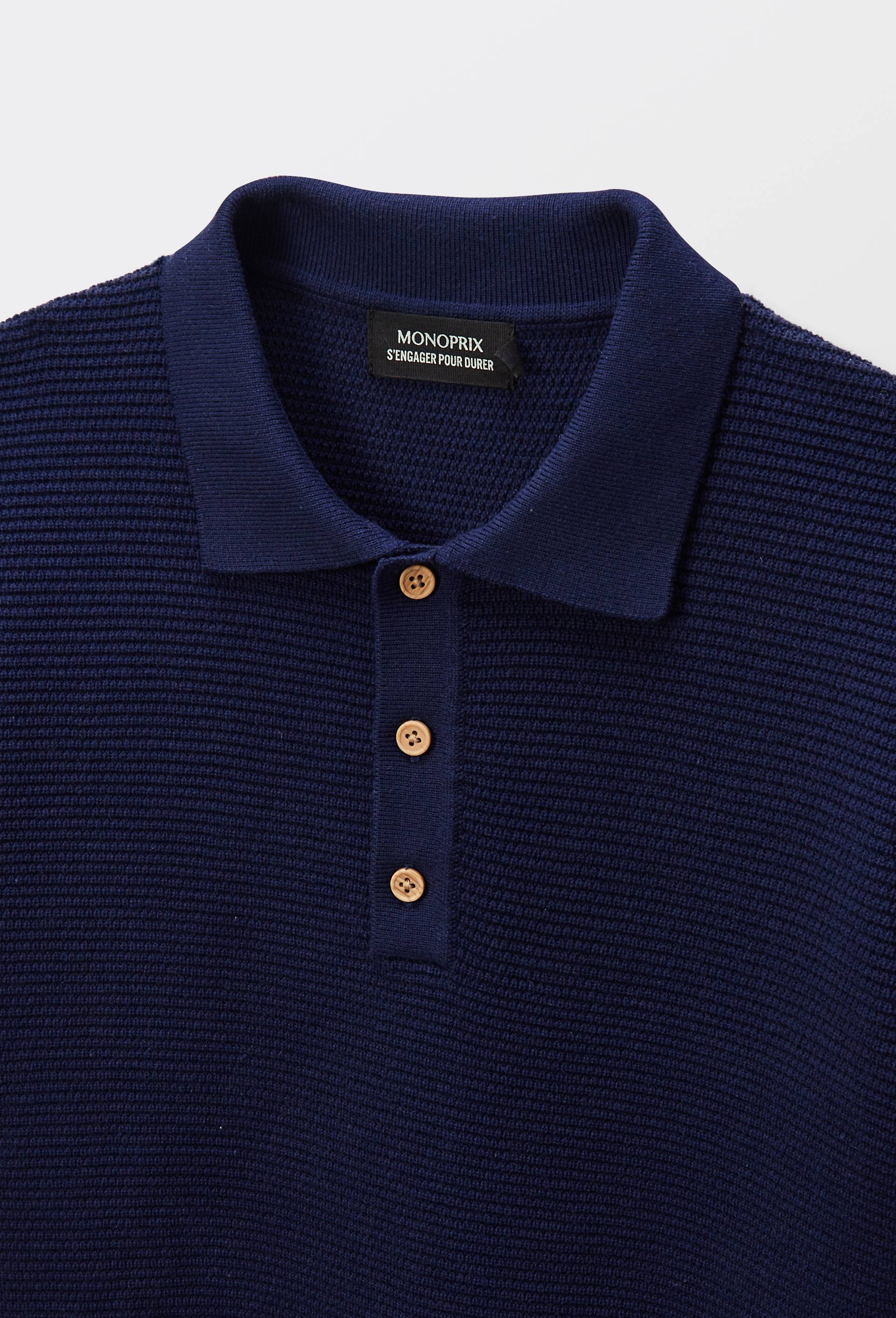 Polo maille manches courtes uni en coton, Bleu foncé, large image number 2.0