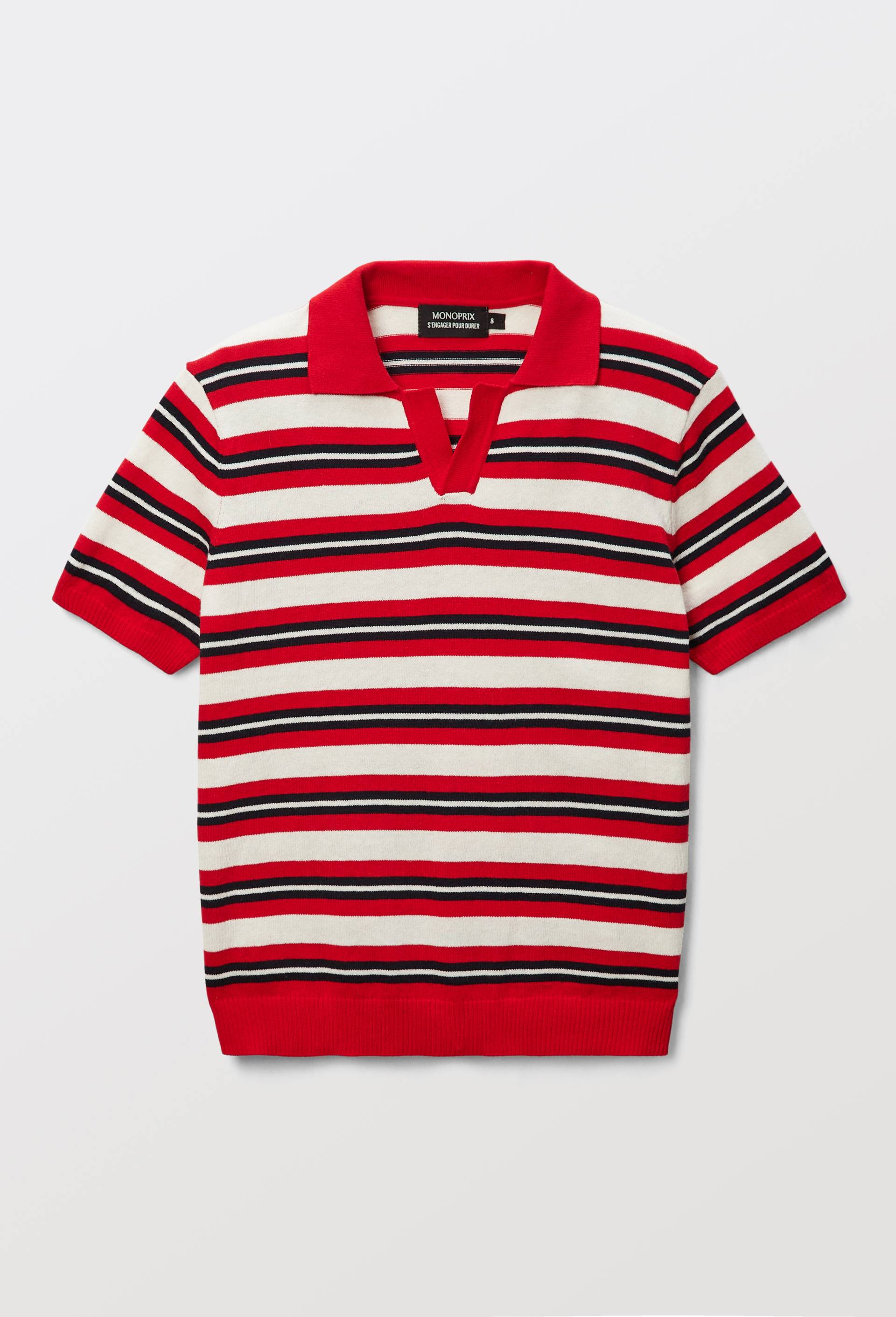 Polo maille manches courtes ray&eacute; en coton, Rouge, large image number 4