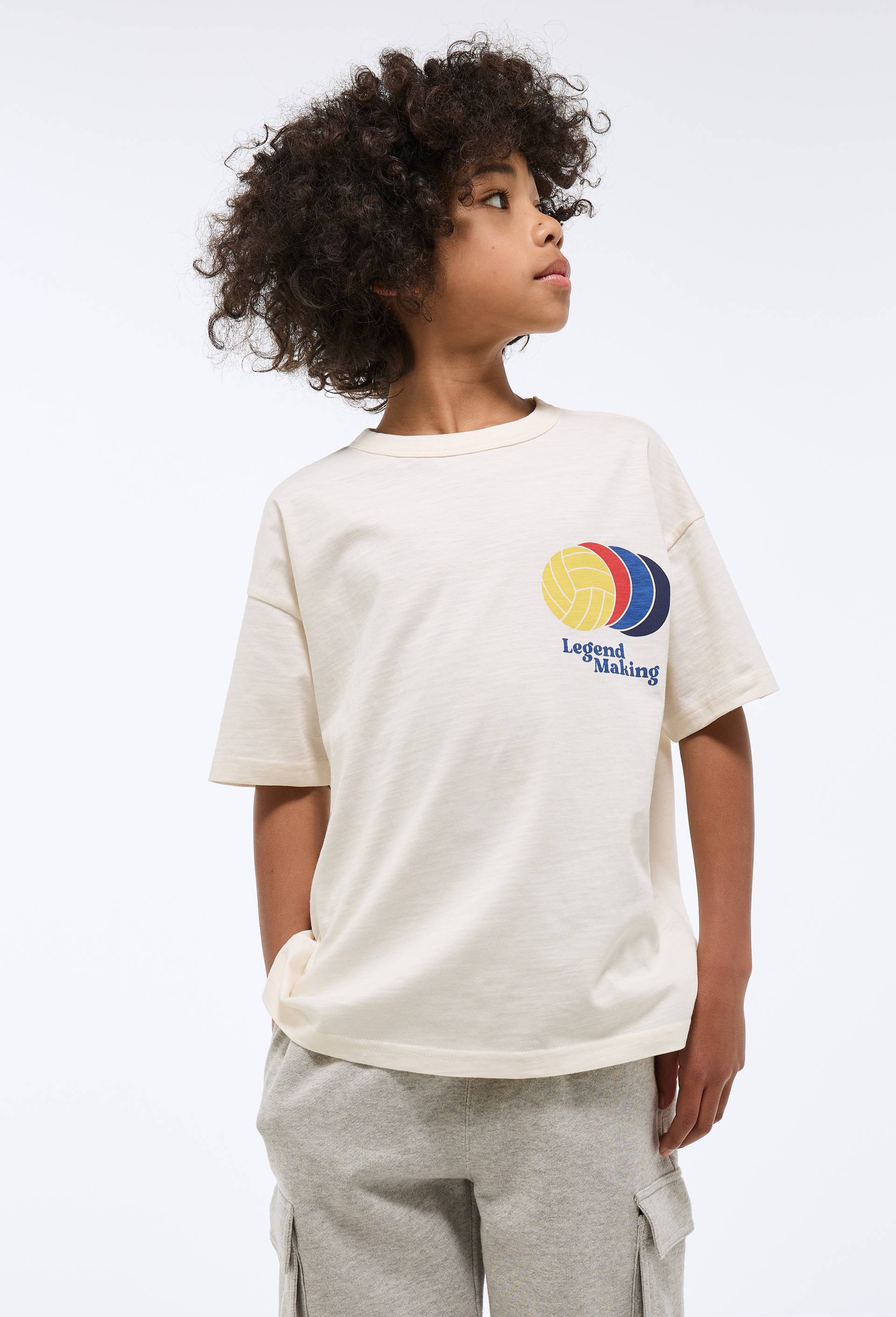 T-shirt manches courtes imprimé poitrine en coton BIO GOTS, Beige clair, large image number 3