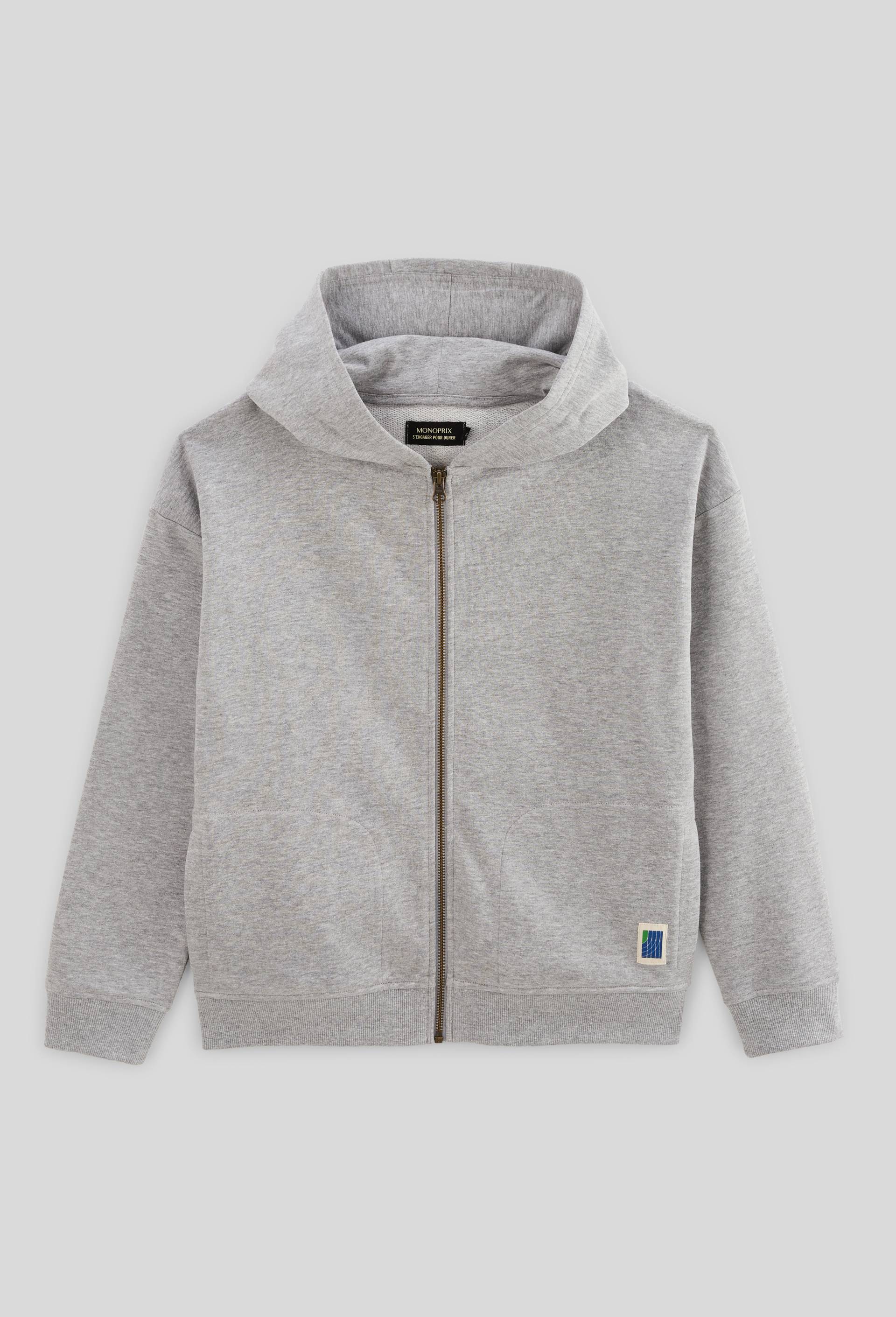 Sweat zippé à capuche imprimé dos en coton BIO GOTS, Gris clair, large image number 0.0