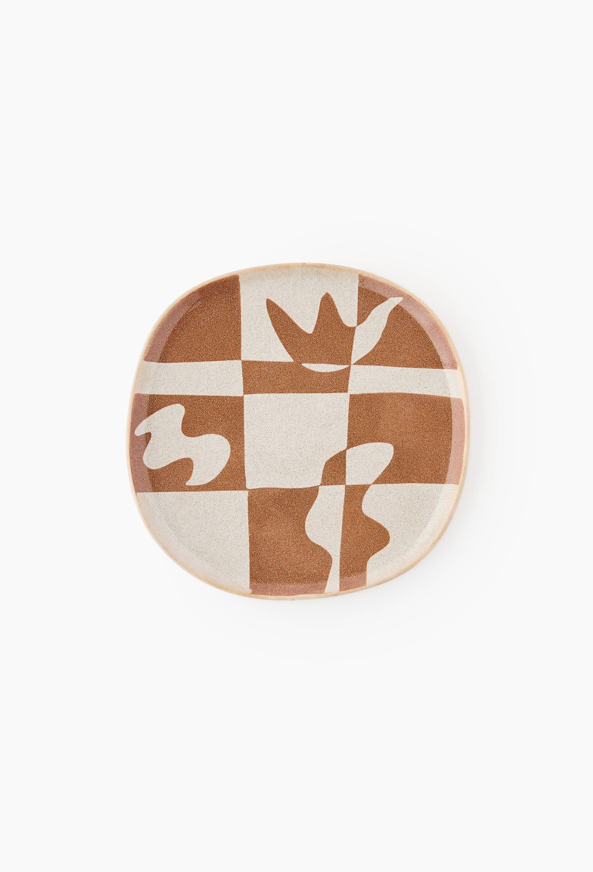 ASSIETTE DESSERT BROWN MOTIF CHECKS - GARANCE VALLEE X MONOPRIX - CERAMIQUE, Multicolore, large image number 0.0