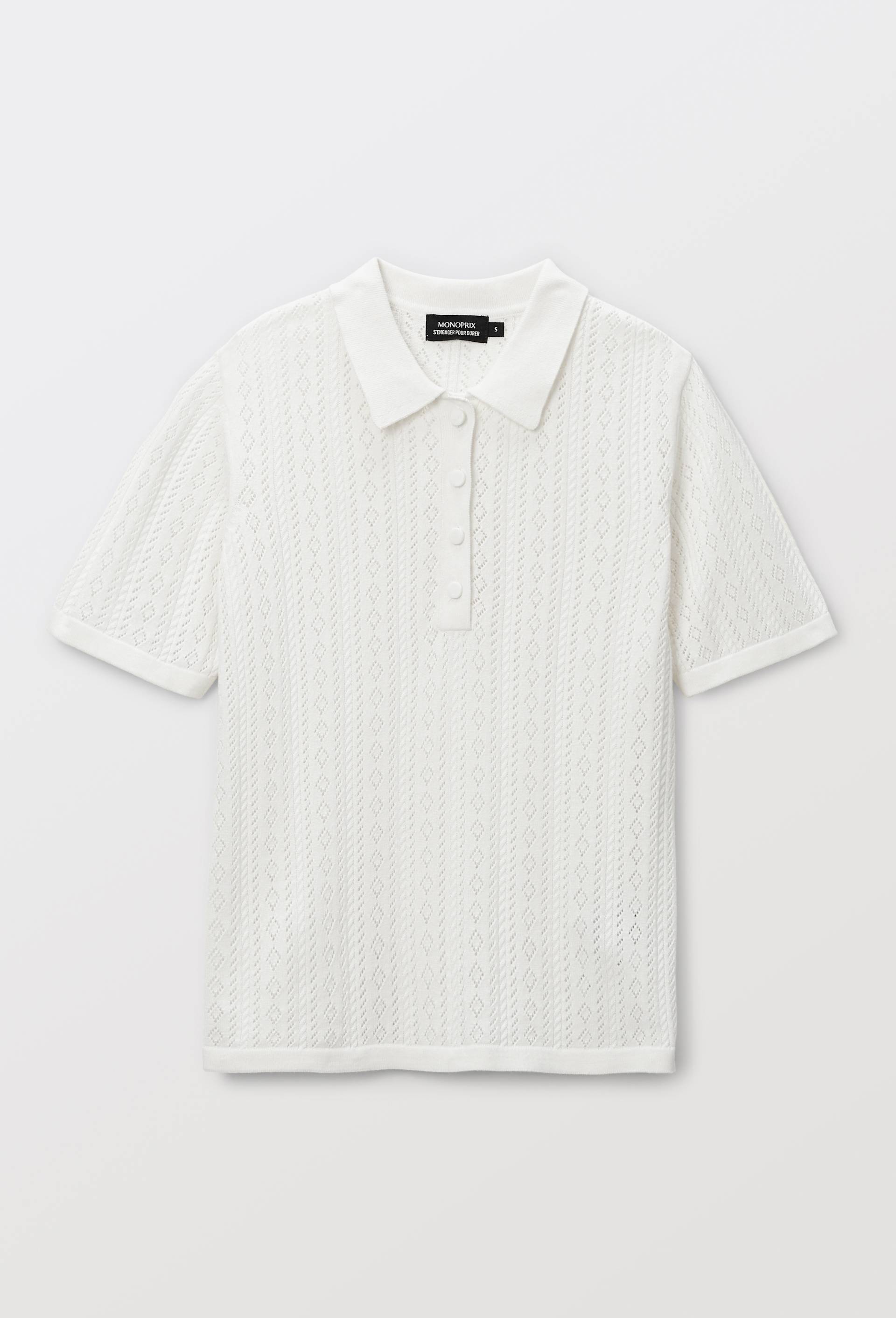 Polo ajour&eacute; en coton BIO, Ecru, large image number 2.0