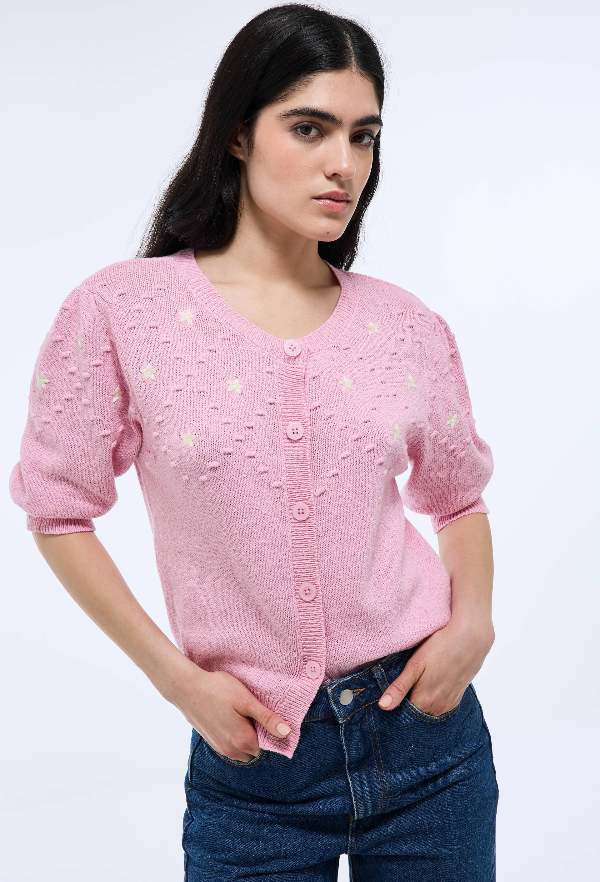 Cardigan manches courtes brodé, Rose, large image number 0