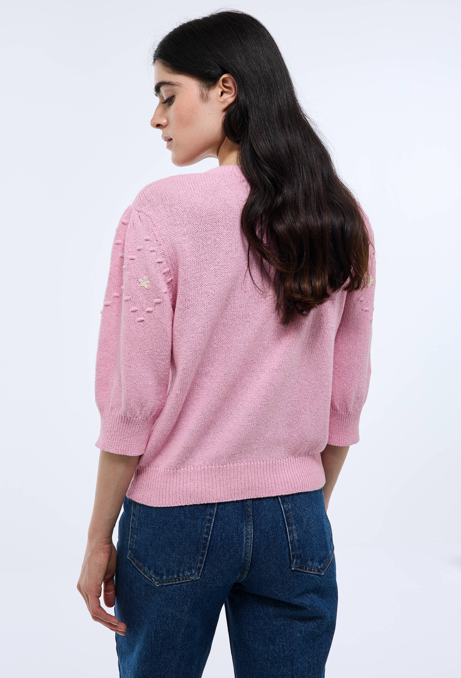 Cardigan manches courtes brodé, Rose, large image number 1