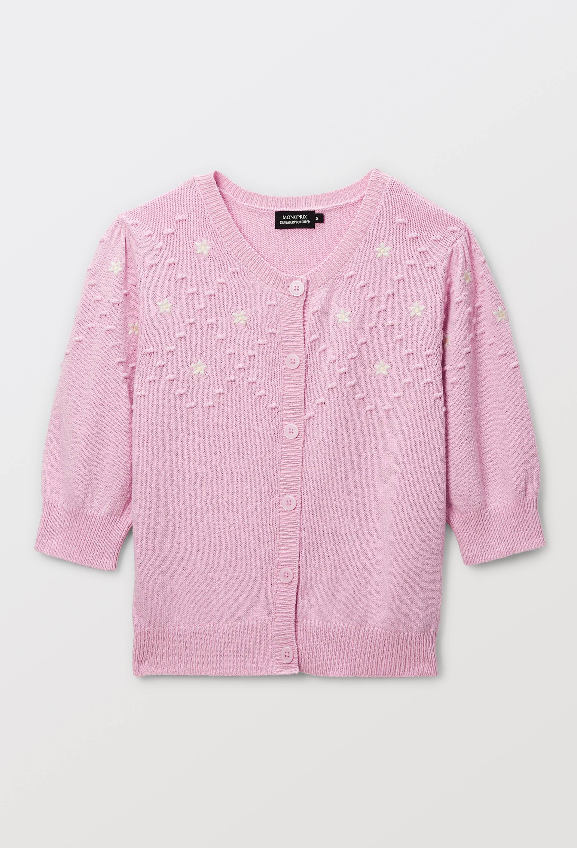 Cardigan manches courtes brodé, Rose, large image number 2.0