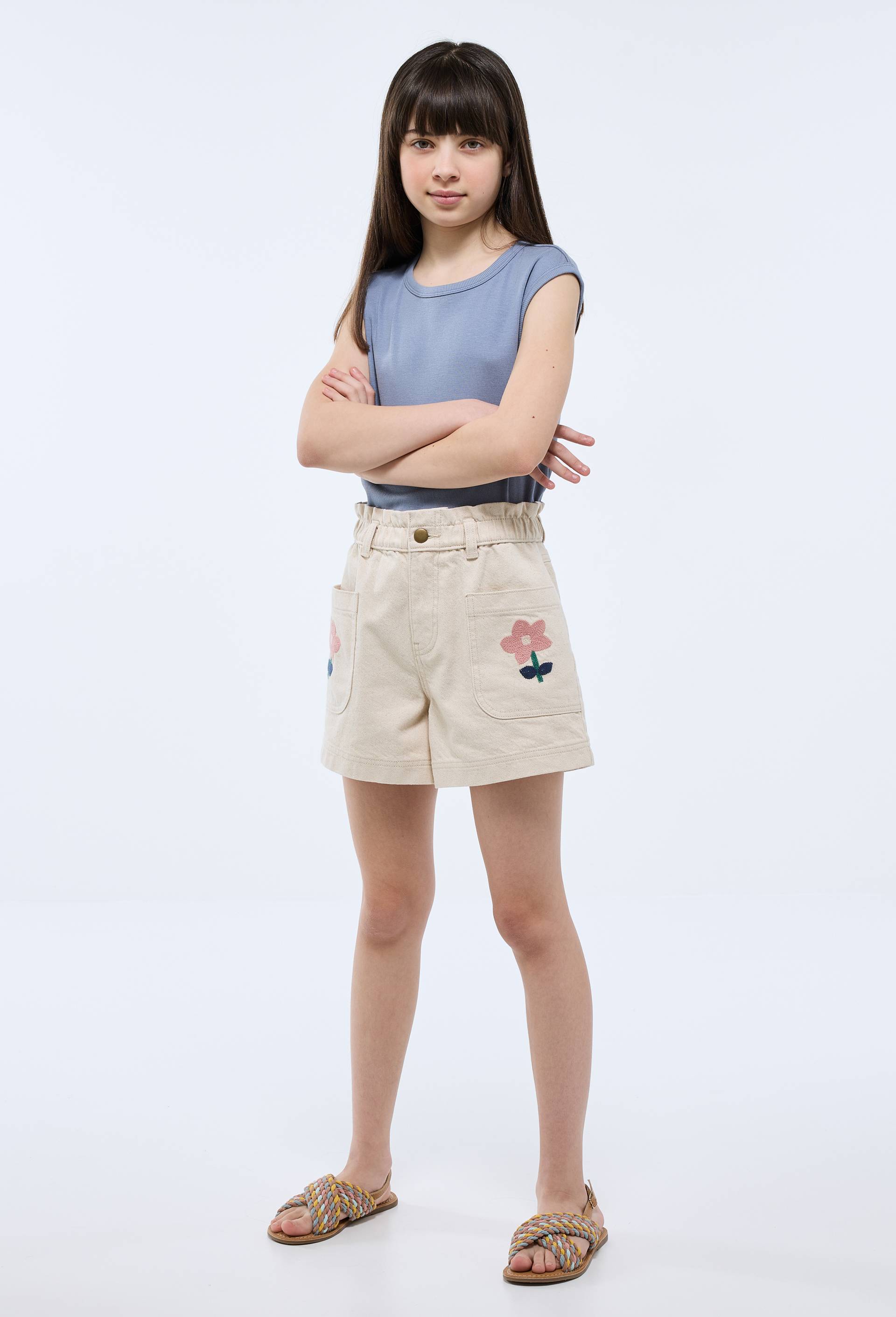 Short en jean &agrave; poches brod&eacute;es, Beige clair, large image number 1