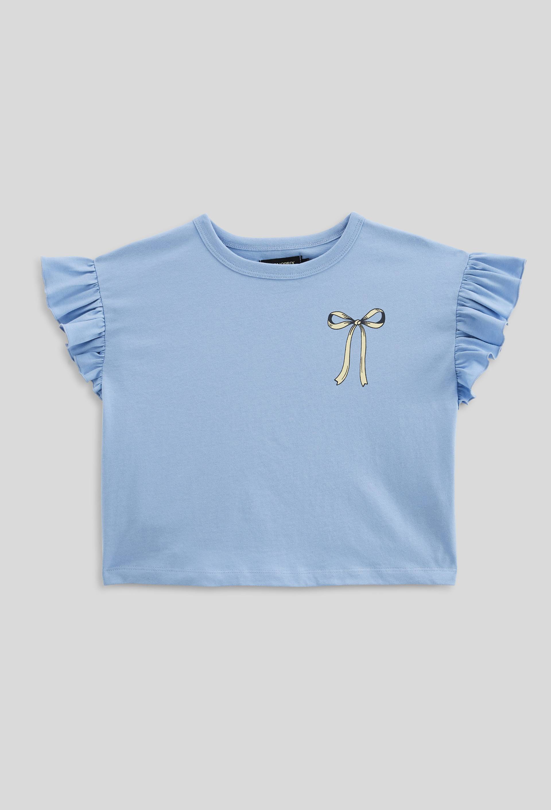 T-shirt manches volant&eacute;es en coton, Bleu, large image number 0