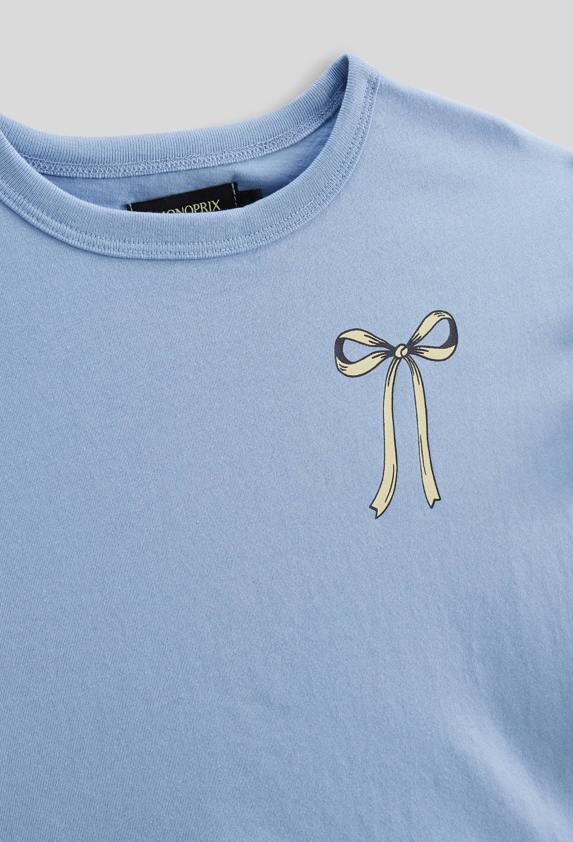 T-shirt manches volant&eacute;es en coton, Bleu, large image number 2