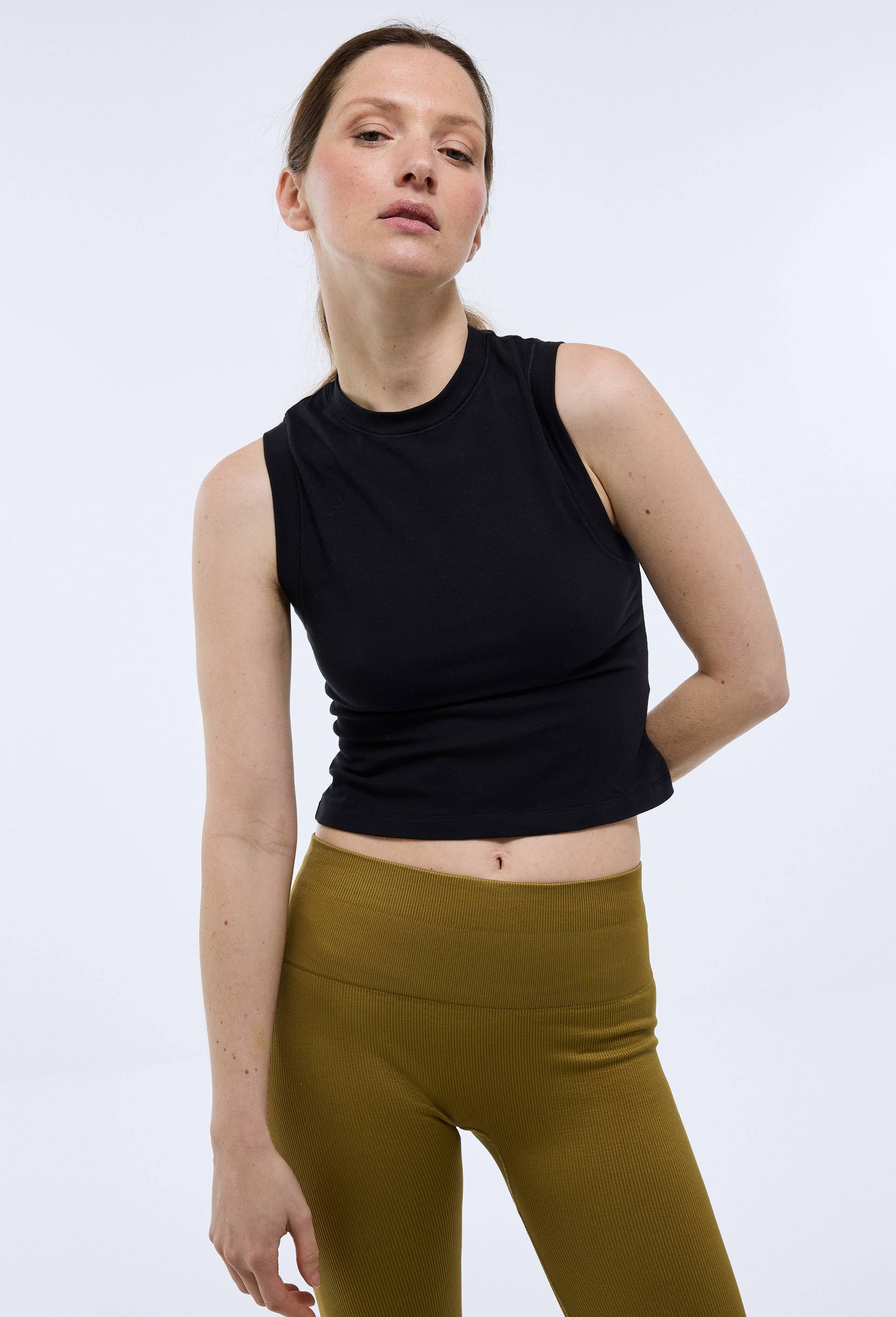 Crop top de sport uni, Noir, swatch image
