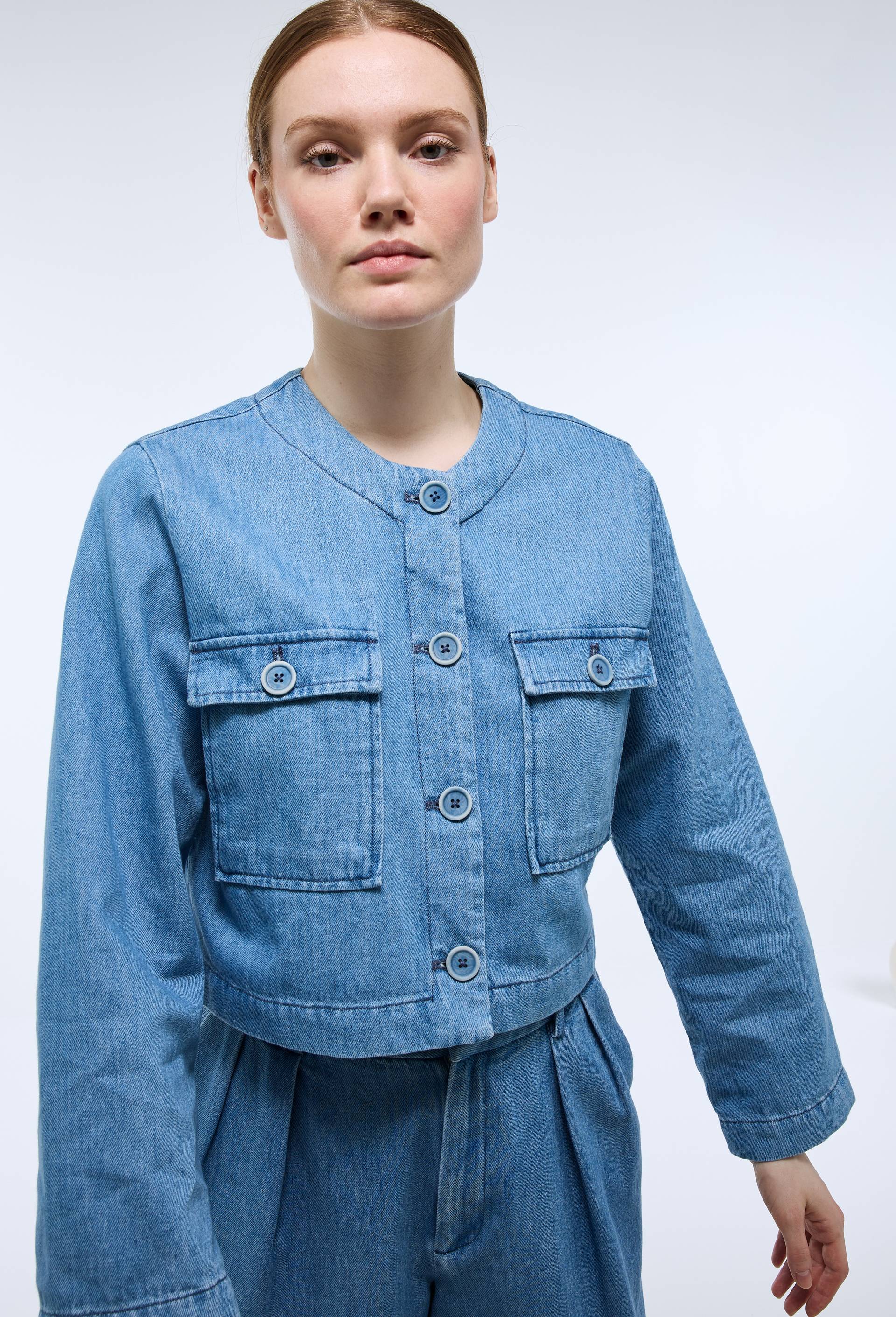 Veste courte unie en denim, Bleu fonc&eacute;, large image number 0
