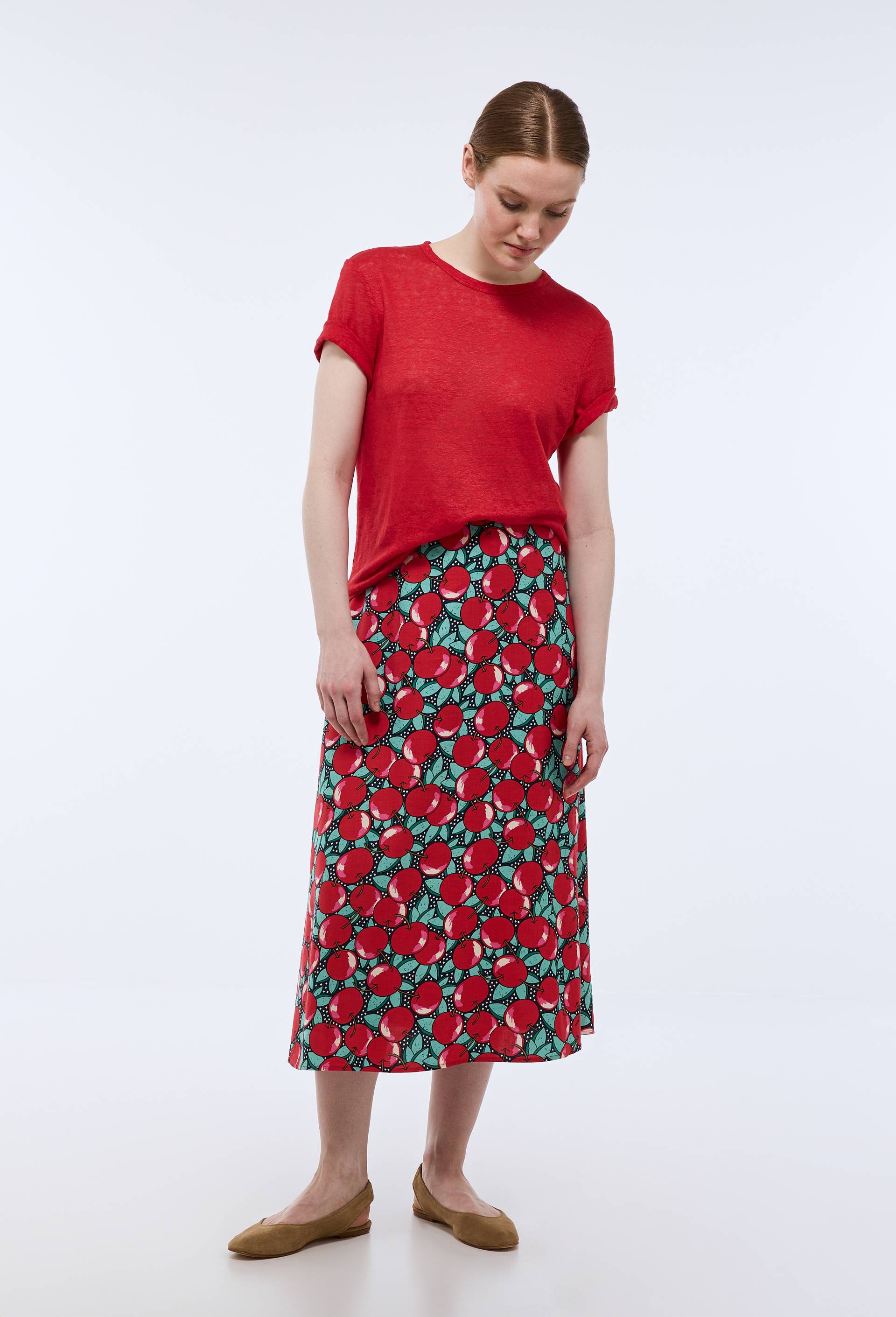 Jupe midi en viscose et lin, Bleu fonc&eacute;, large image number 0