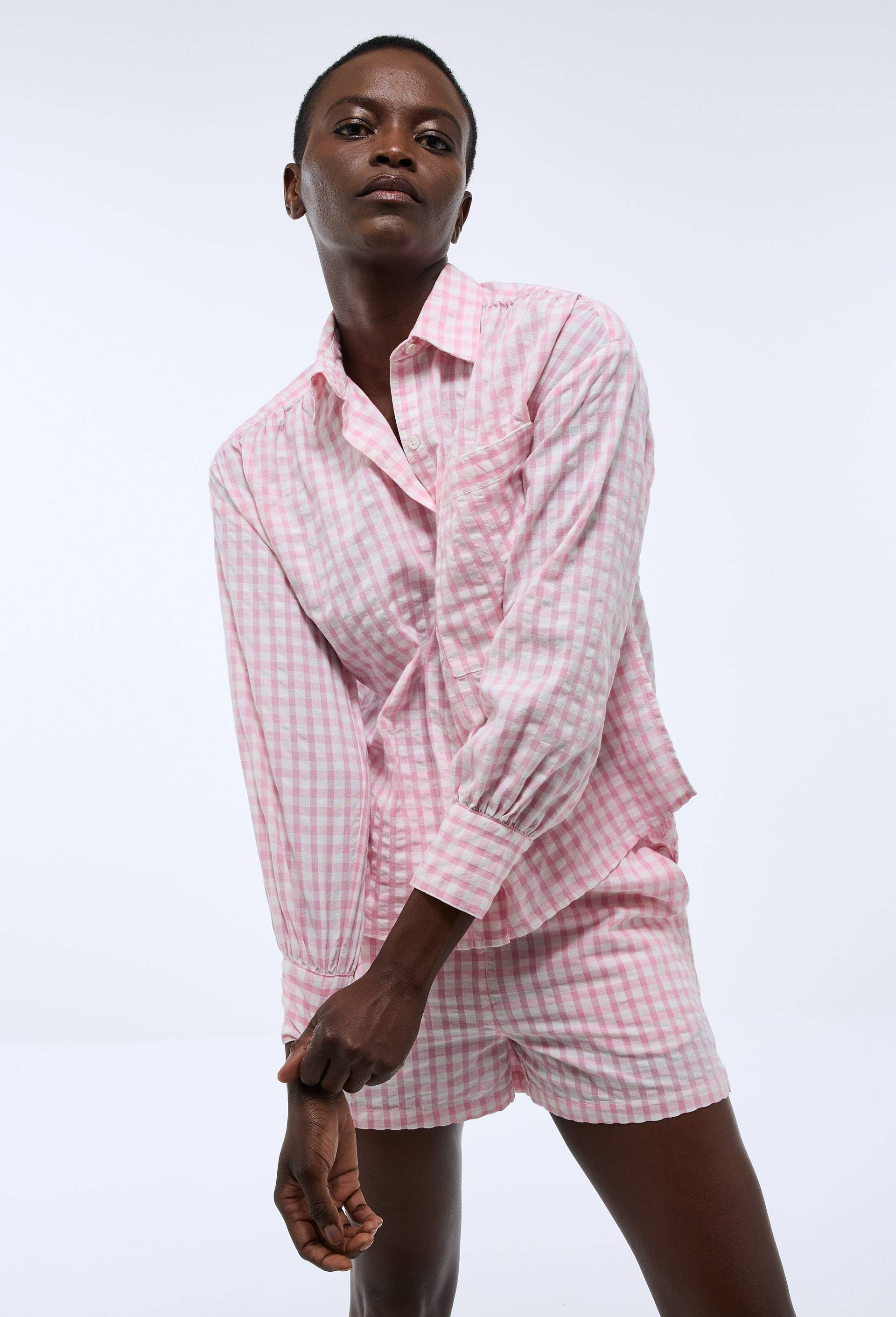 Chemise de plage vichy en coton BIO GOTS, Rose, swatch image