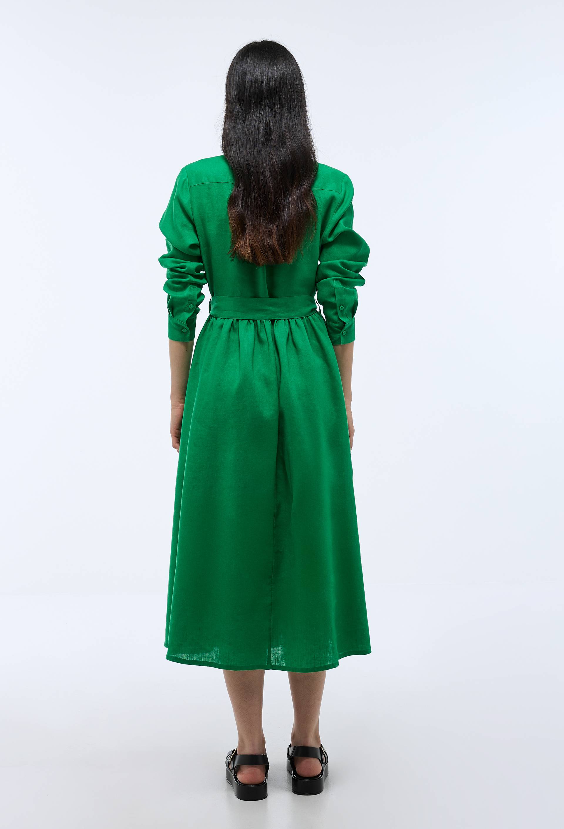 Robe midi cintrée unie en lin VERT pour femme MONOPRIX