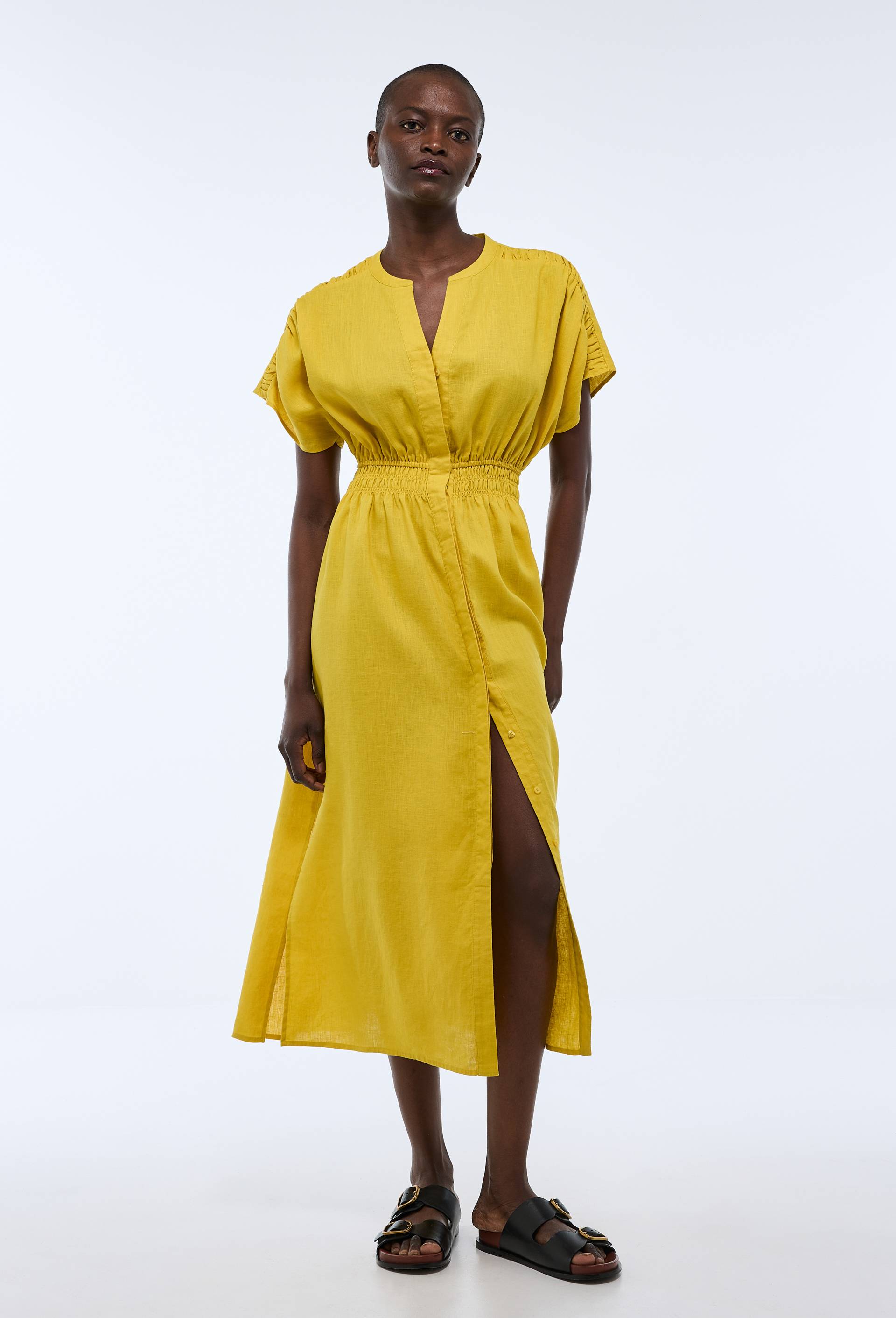 Robe midi unie en lin, Jaune, large image number 0