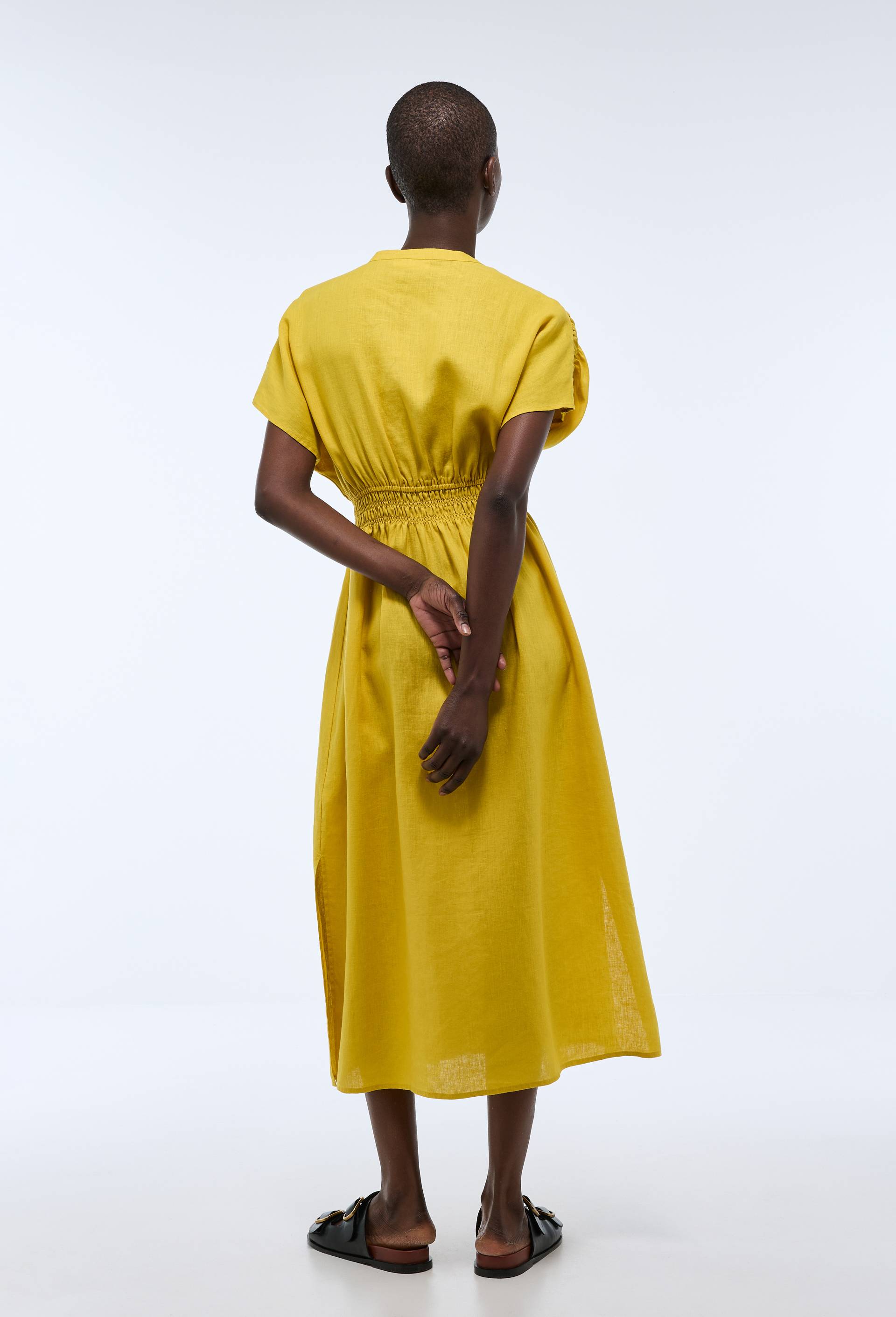 Robe midi unie en lin, Jaune, large image number 1