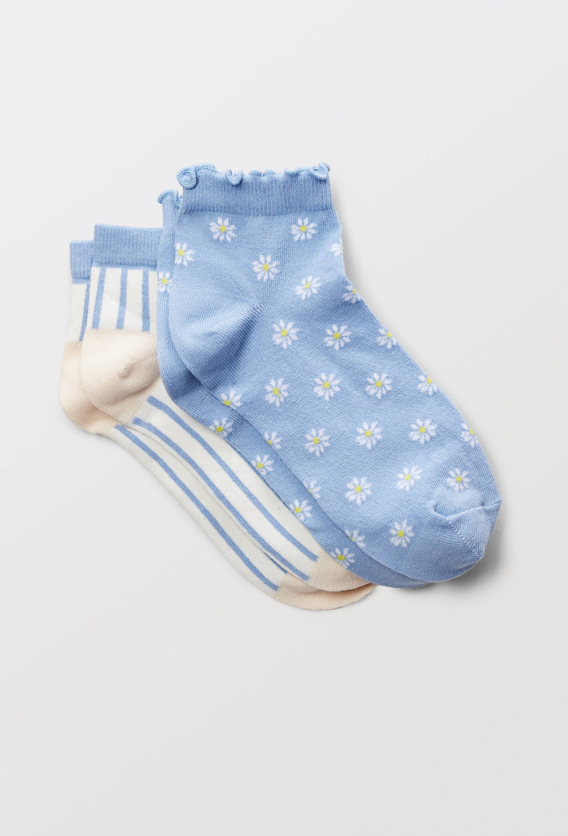 Lot de 2 paires de socquettes fantaisie avec motifs fleurs en coton, Bleu, large image number 0