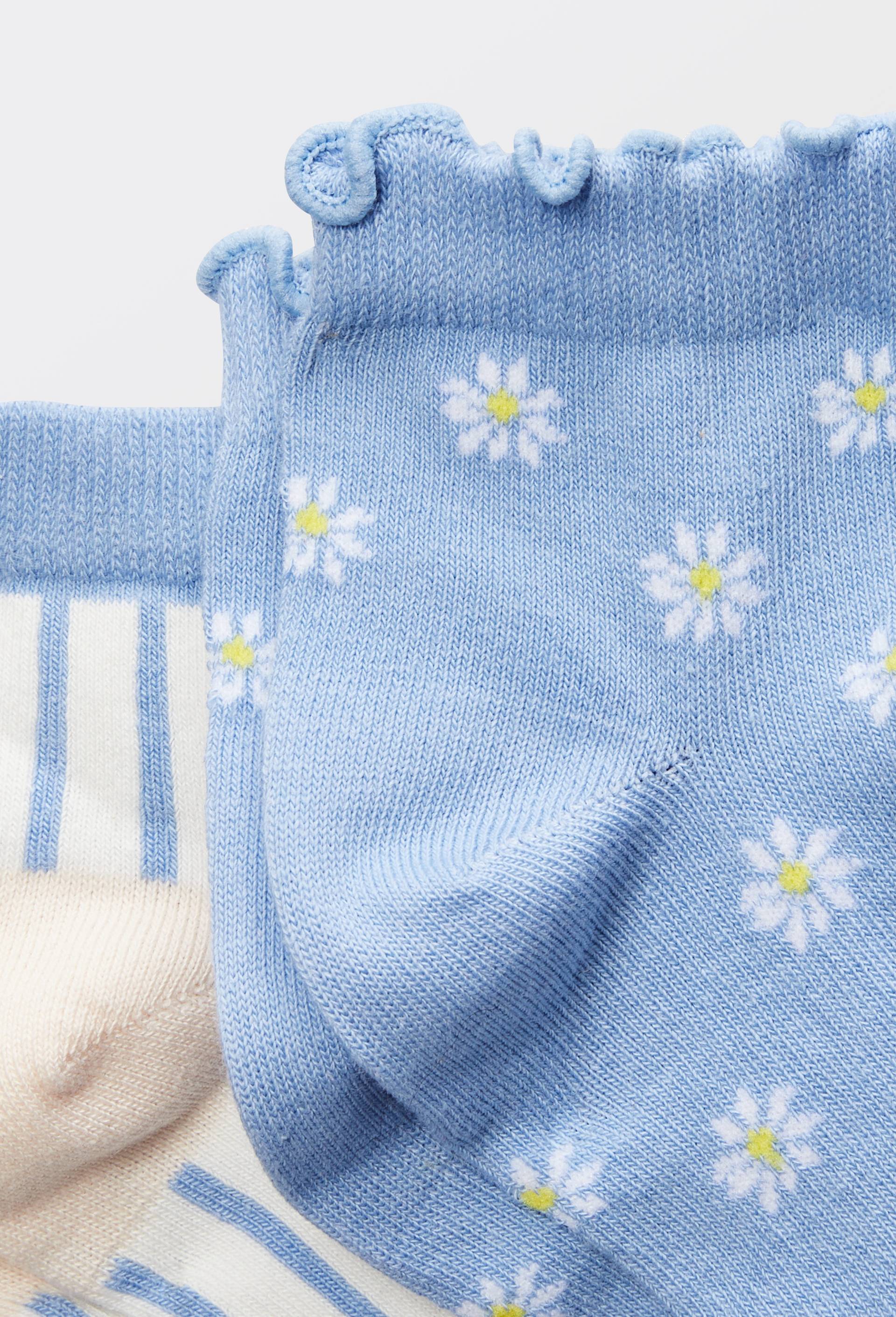 Lot de 2 paires de socquettes fantaisie avec motifs fleurs en coton, Bleu, large image number 1