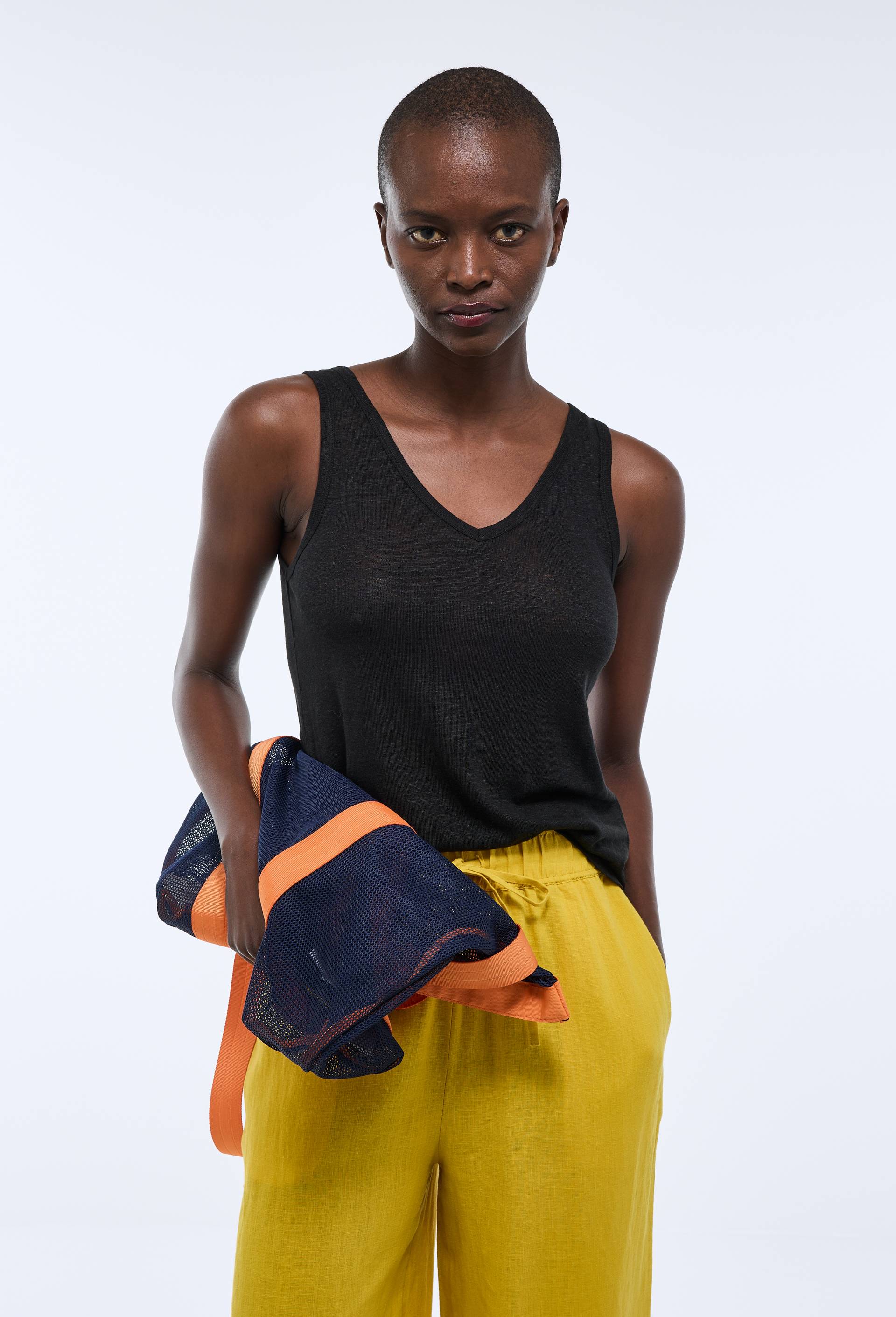 Débardeur Top Fluide Col V Débardeur Col V Uni En Lin NOIR Pour