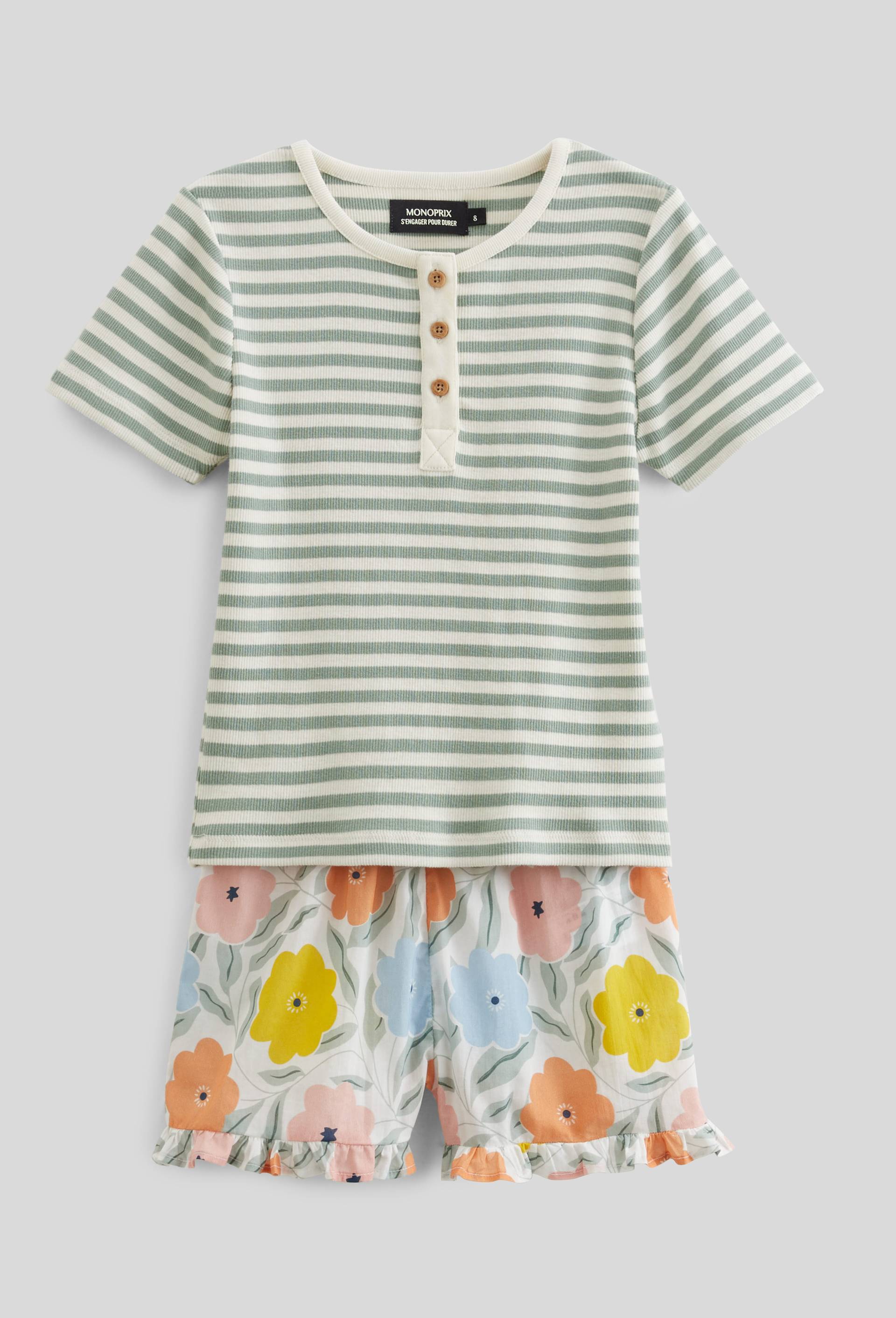 Pyjama chemise short rayé et imprimé en coton BIO GOTS, Beige clair, large image number 0