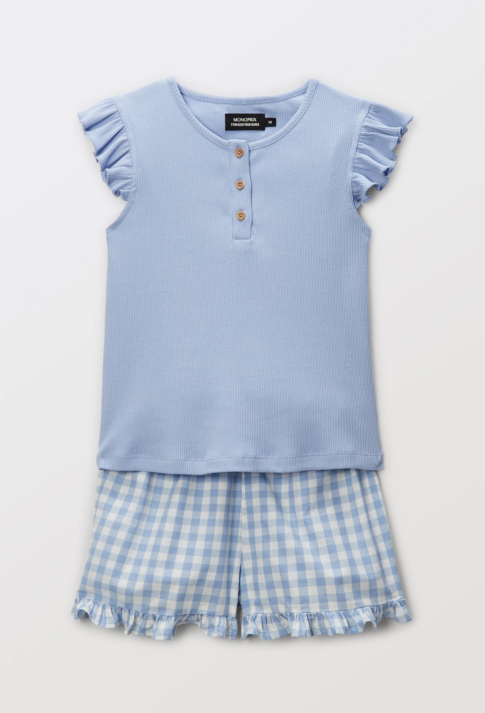 Pyjama débardeur short à volant vichy en coton BIO GOTS, BLEU, large image number 0