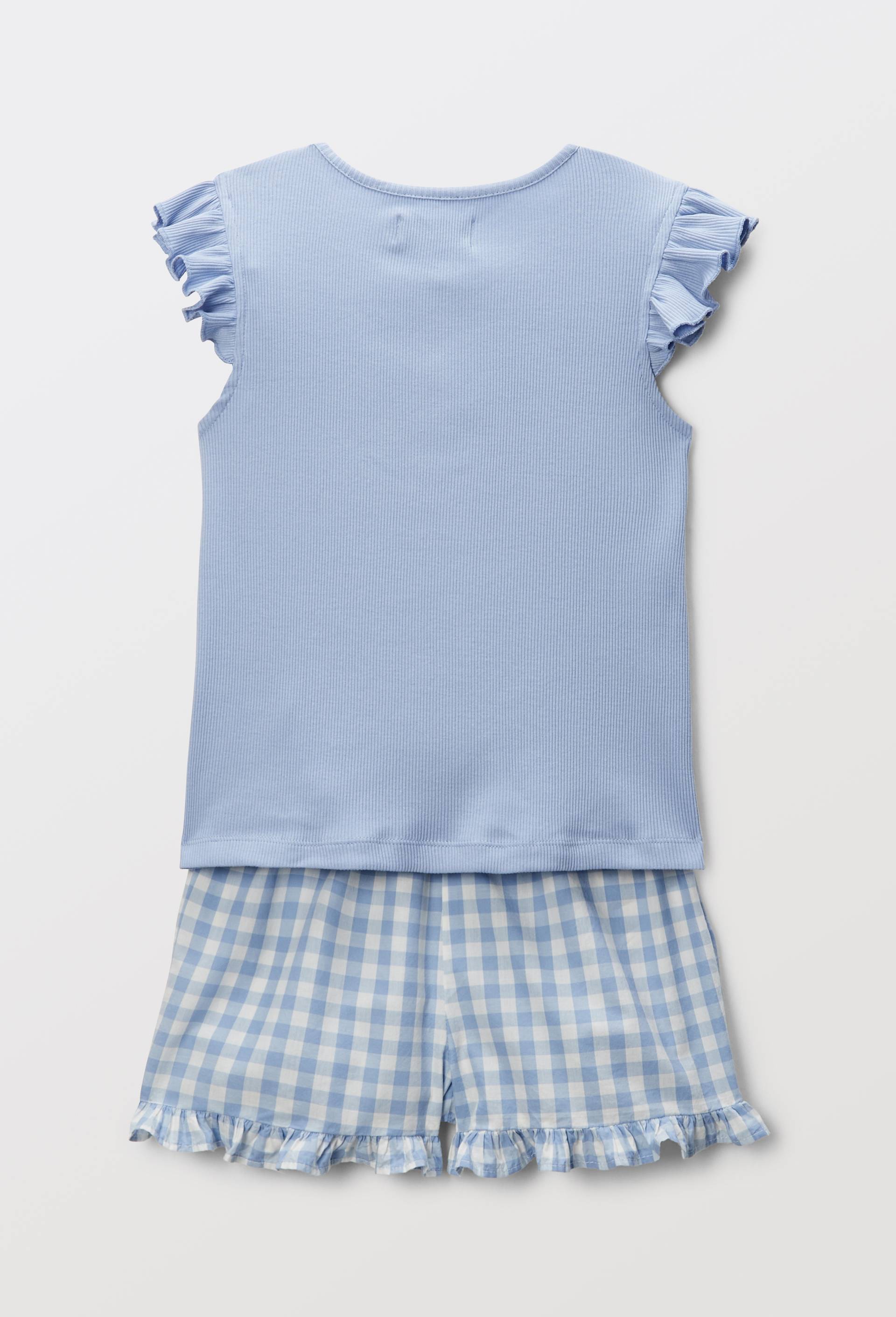 Pyjama débardeur short à volant vichy en coton BIO GOTS, BLEU, large image number 1