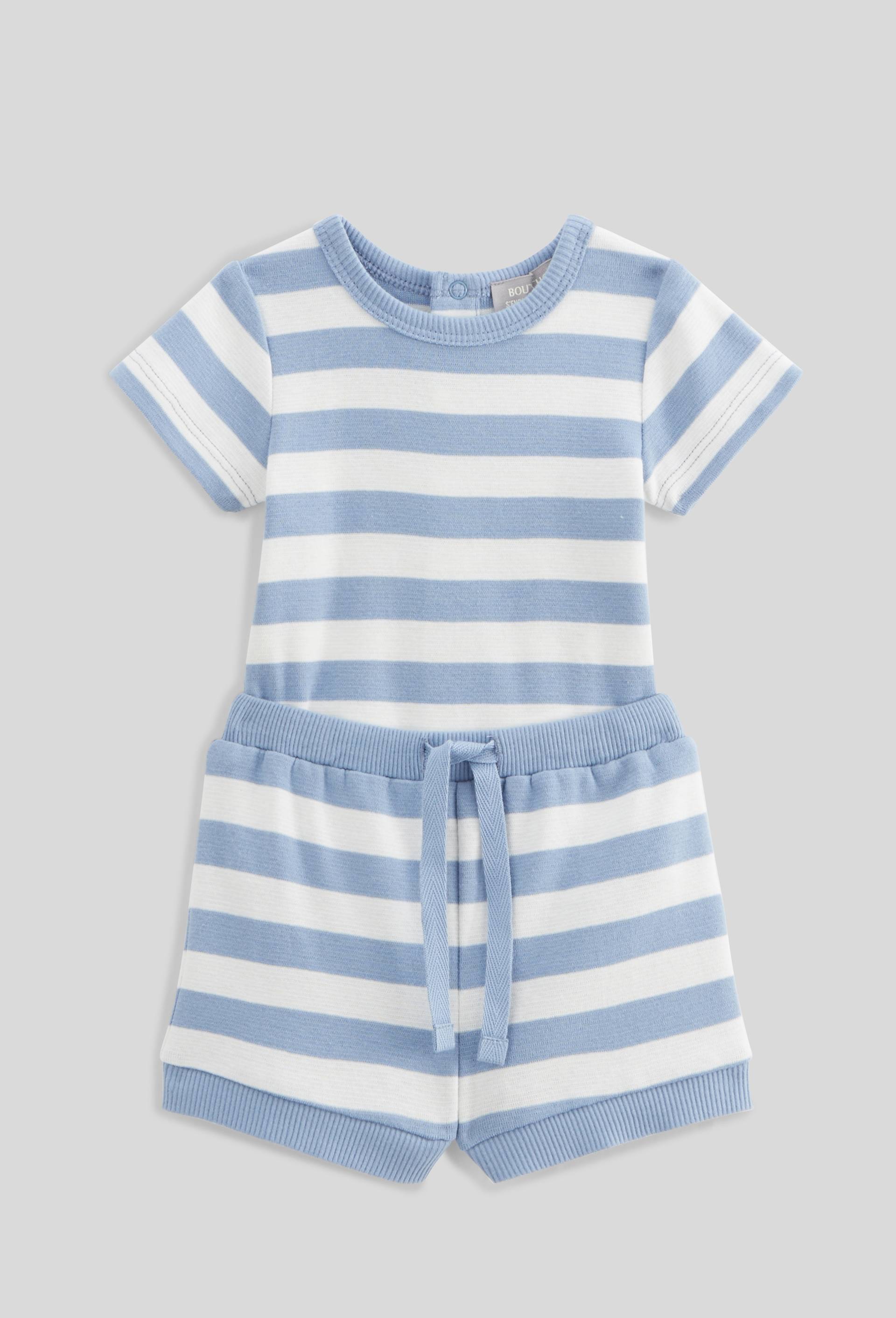 Ensemble body manches courtes et short ray&eacute; en coton BIO GOTS, Bleu, large image number 0.0
