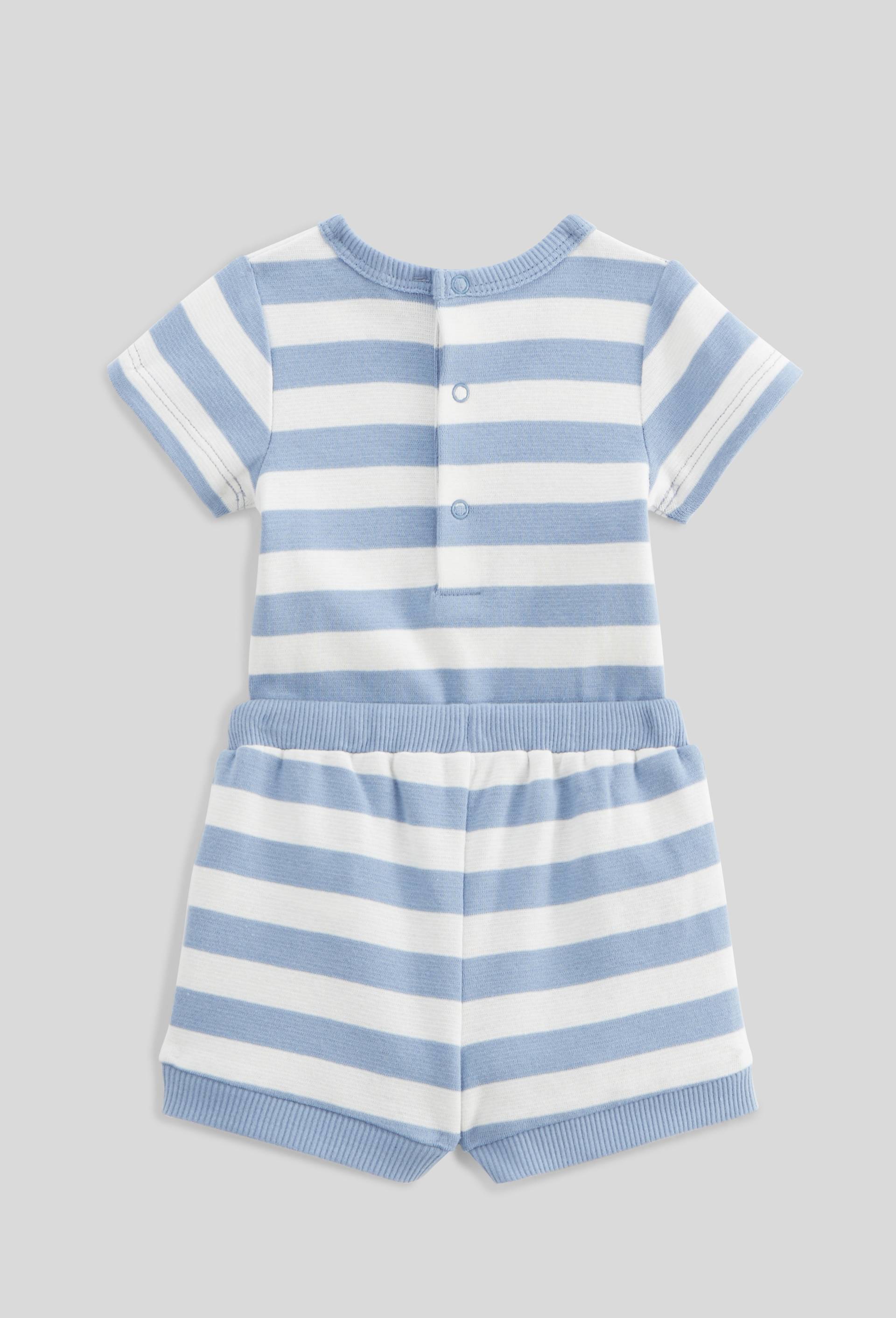 Ensemble body manches courtes et short ray&eacute; en coton BIO GOTS, Bleu, large image number 1