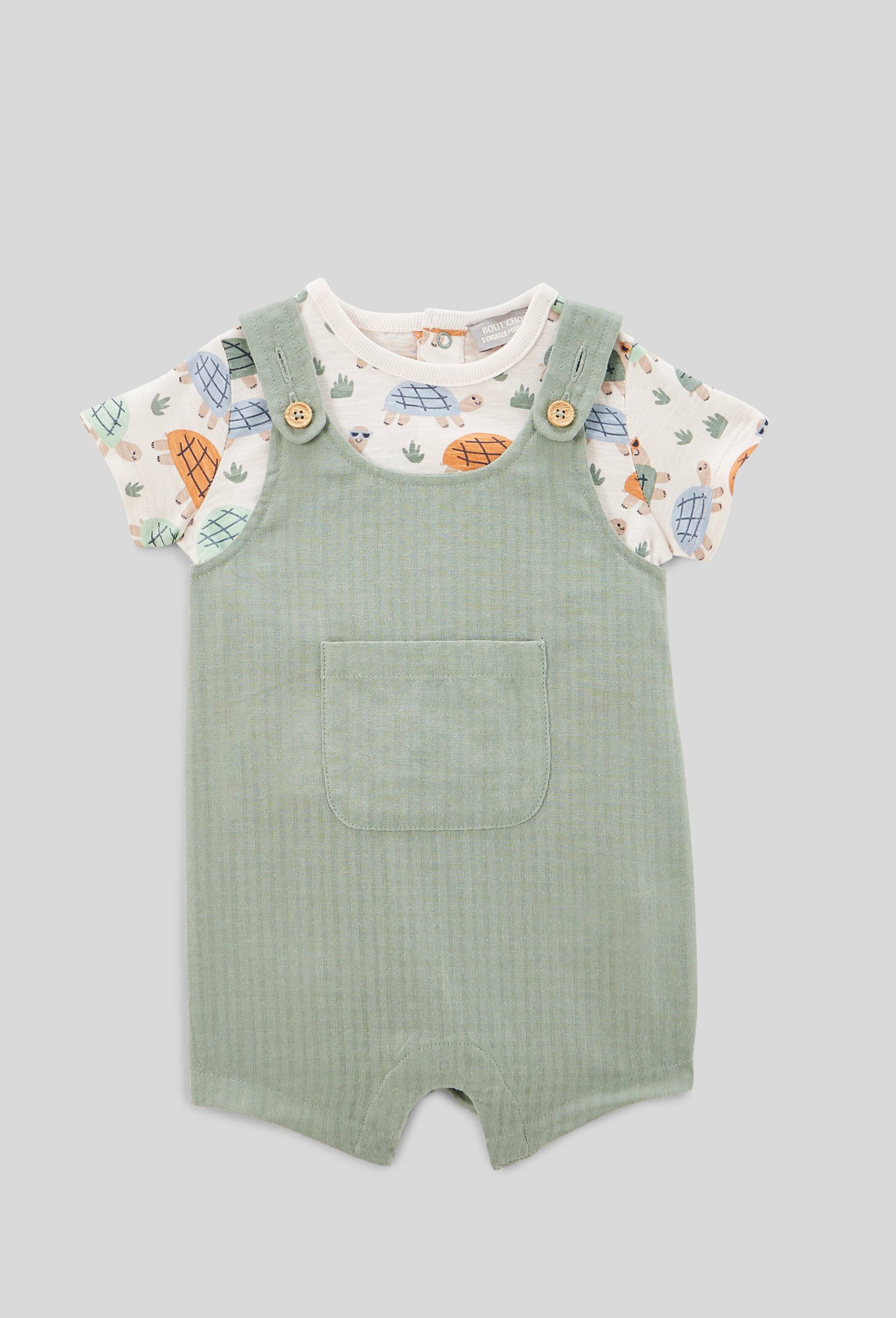 Ensemble tee-shirt et salopette courte en coton BIO GOTS, Vert, large image number 2