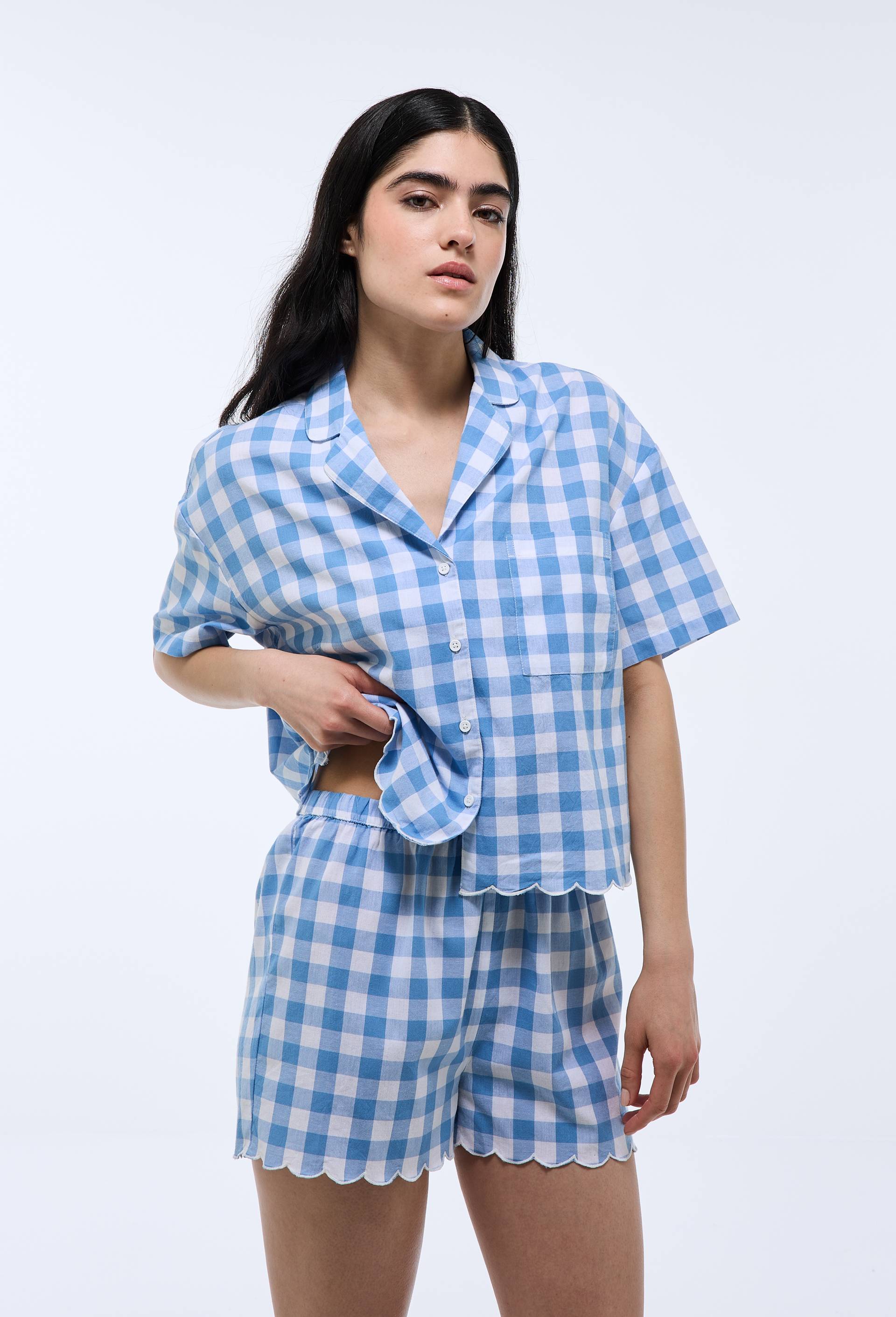 Pyjashort vichy en coton bio GOTS, Bleu, large image number 0