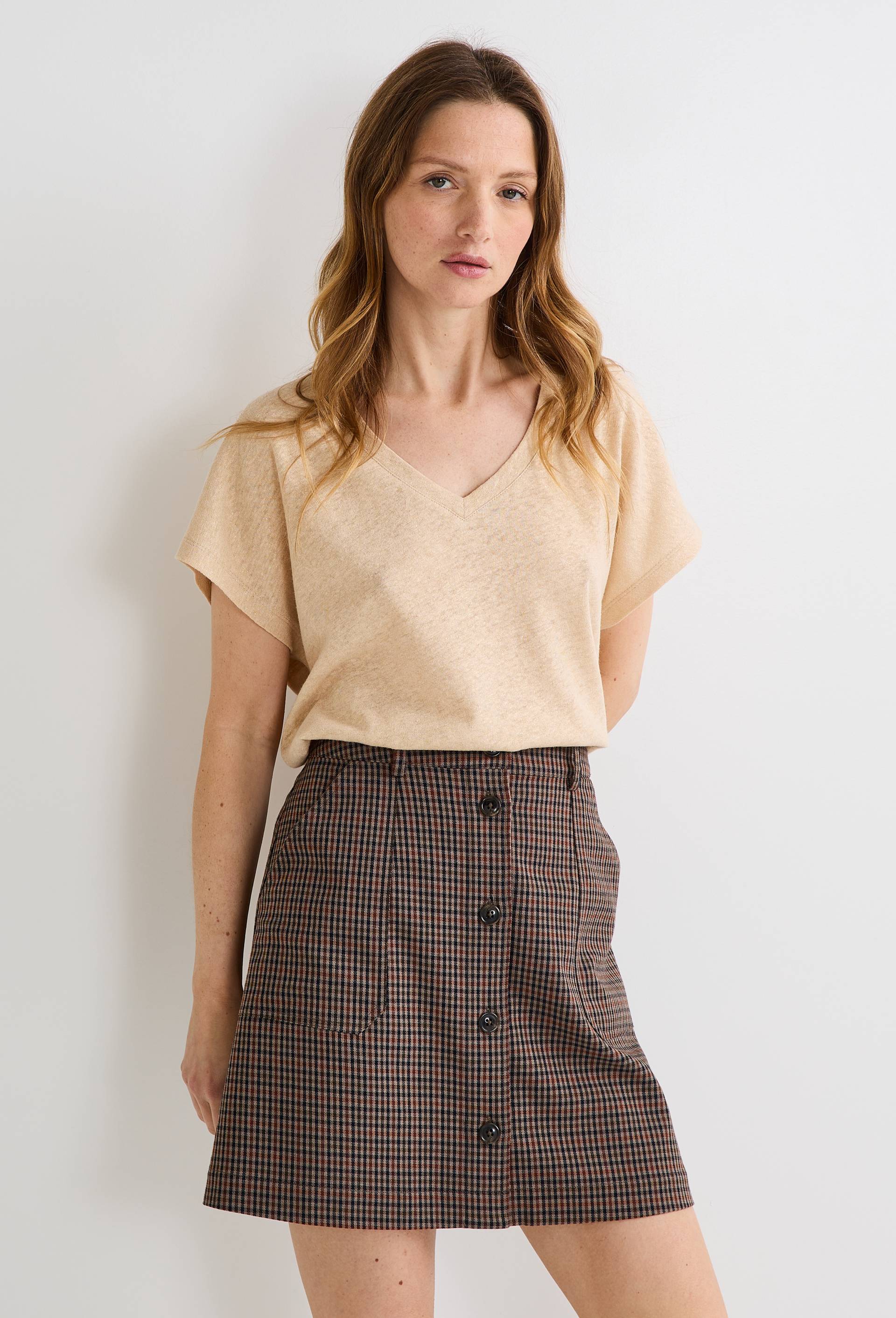 T-shirt manches courtes m&eacute;tallis&eacute; contenant du lin, Beige, swatch image