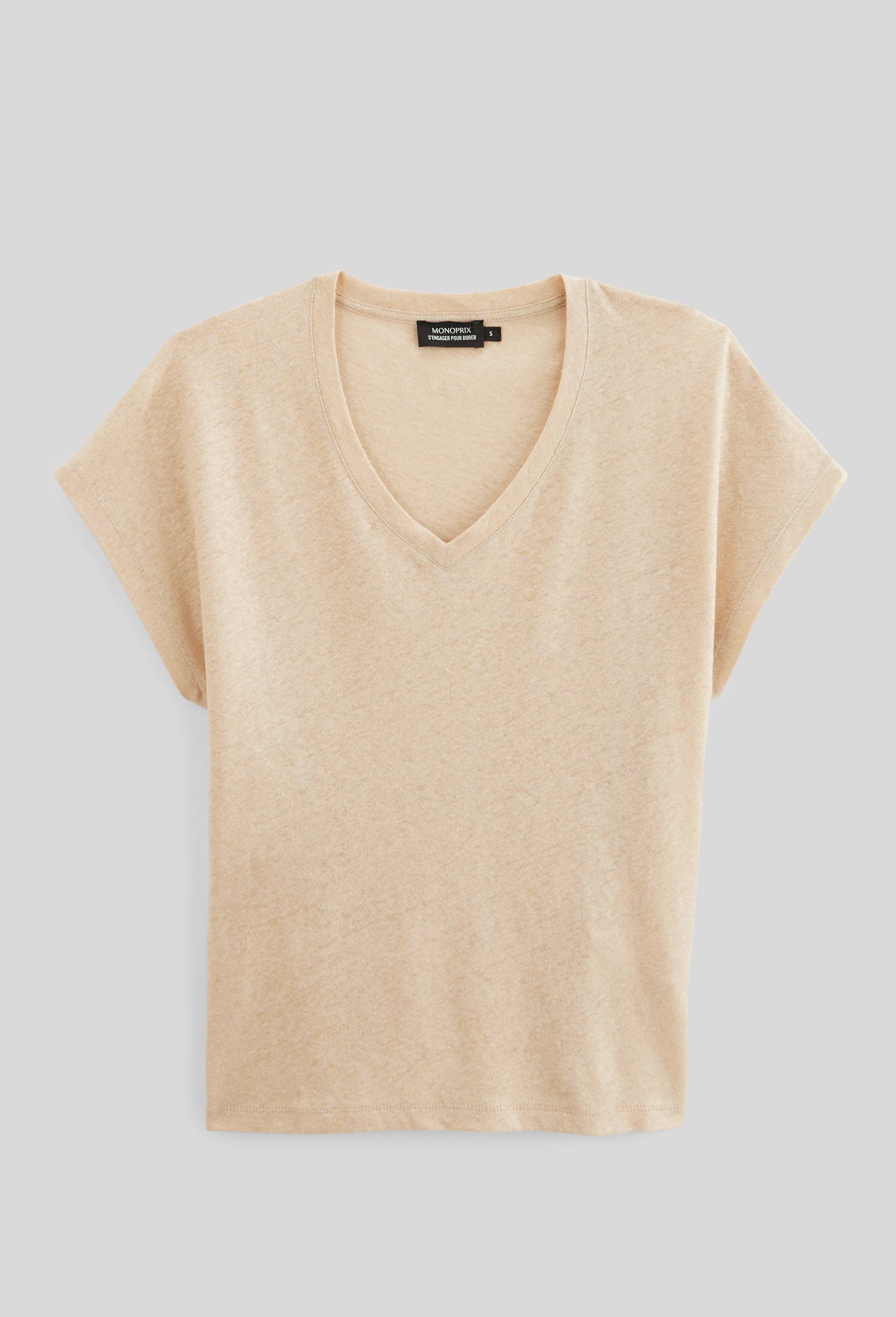 T-shirt manches courtes m&eacute;tallis&eacute; contenant du lin, Beige, large image number 2