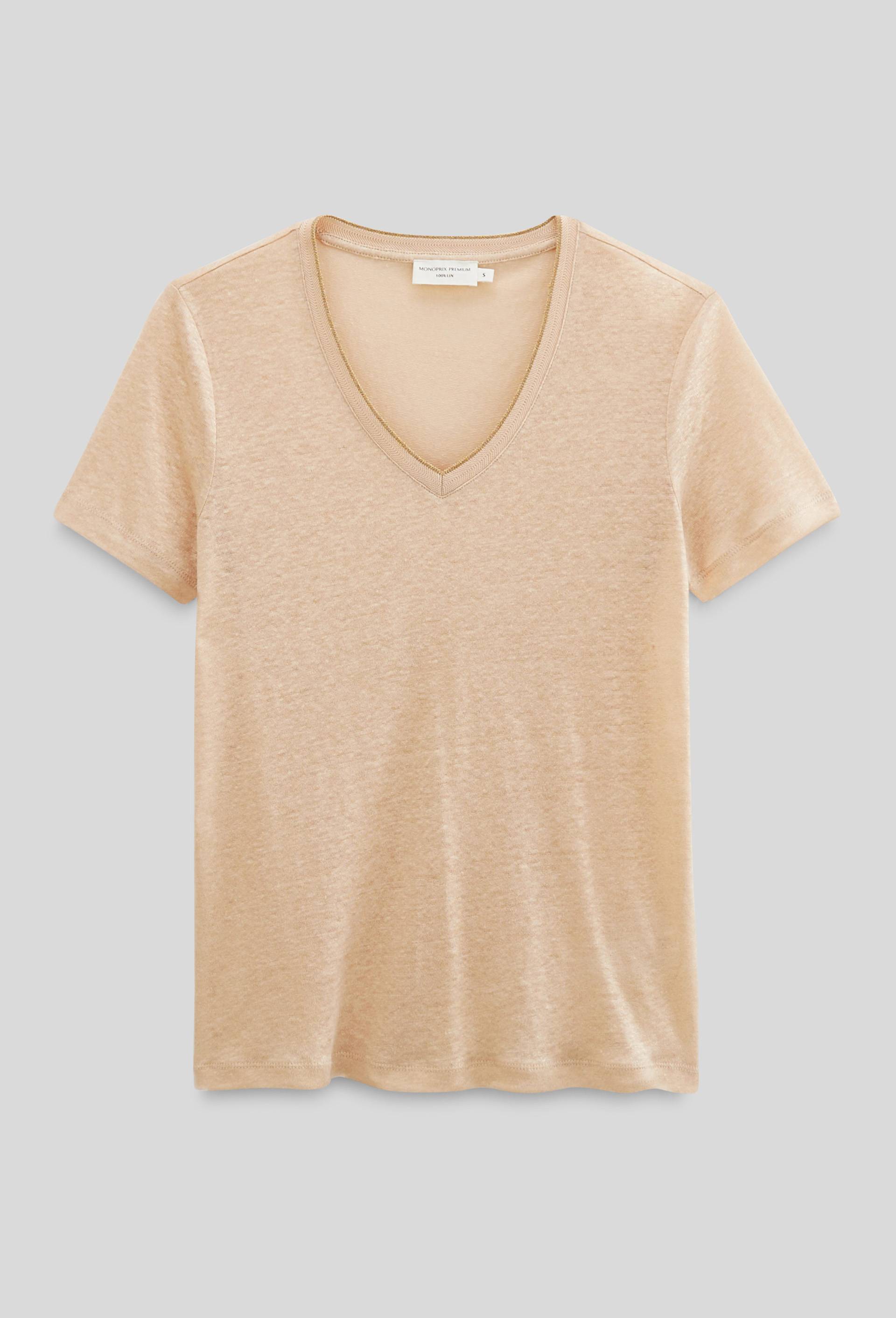 T-shirt manches courtes col m&eacute;tallis&eacute; en lin, Beige, large image number 2.0