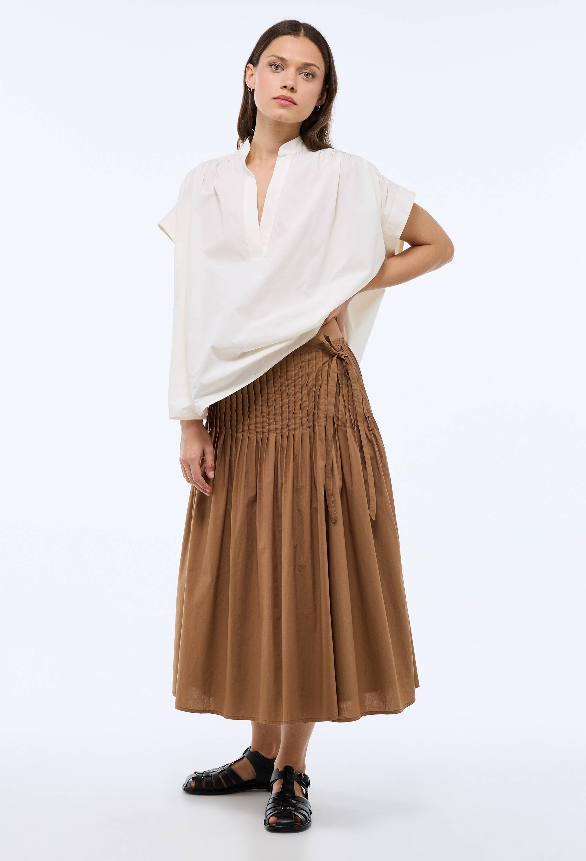 Jupe midi pliss&eacute; unie en coton, Beige, large image number 1.0