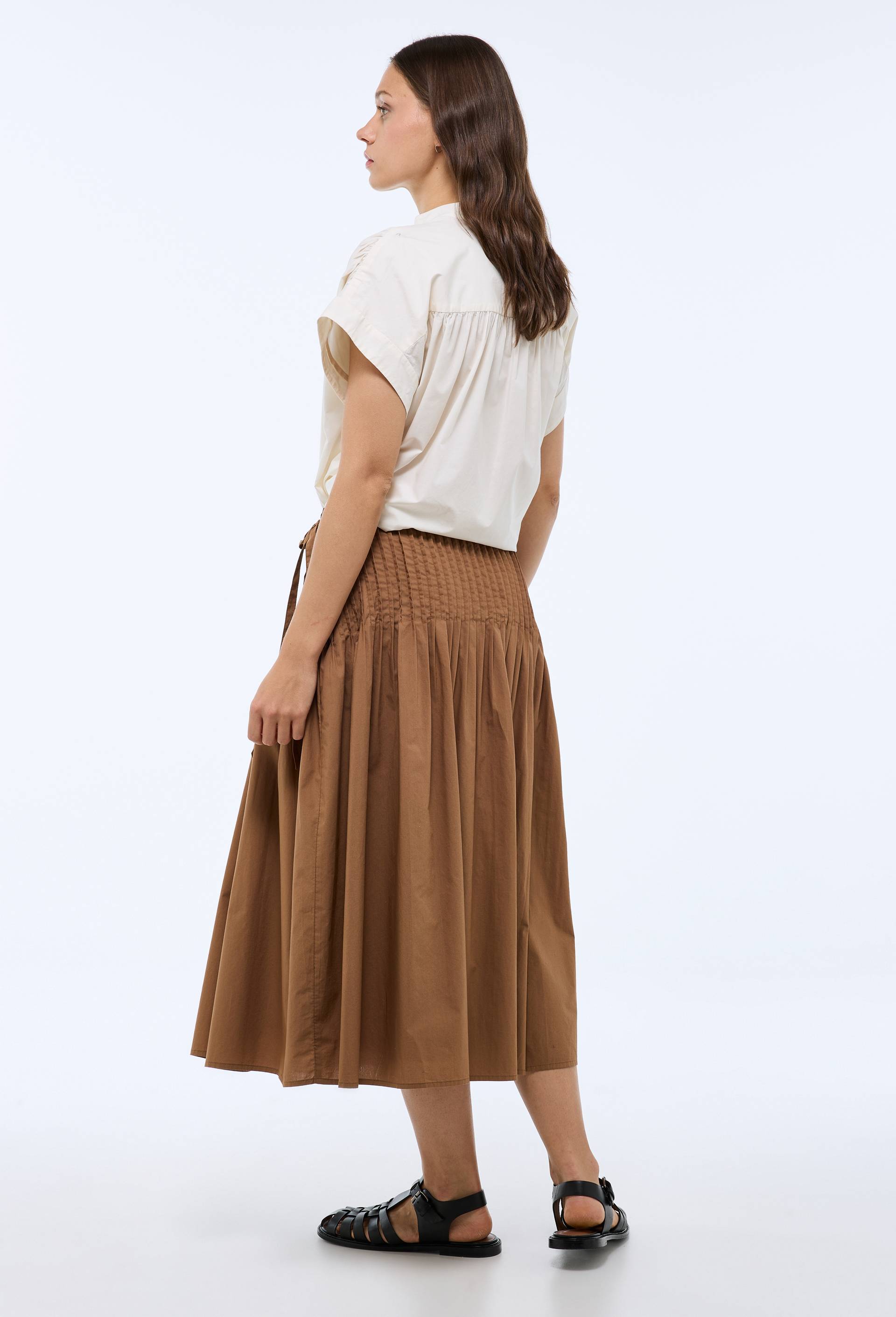 Jupe midi pliss&eacute; unie en coton, Beige, large image number 2.0