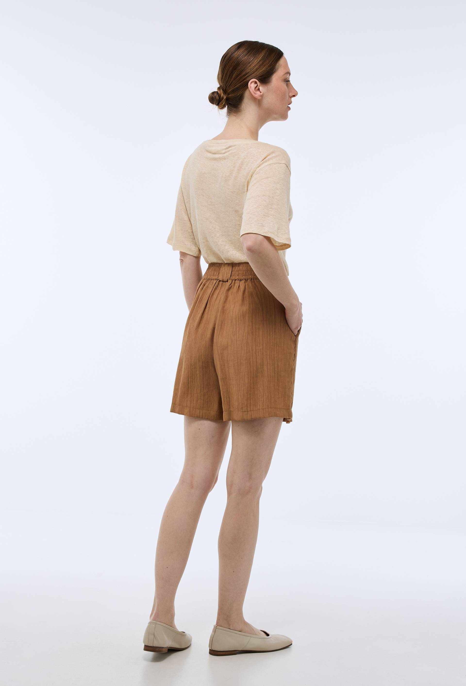 Short uni ceintur&eacute; taille haute, Beige, large image number 1