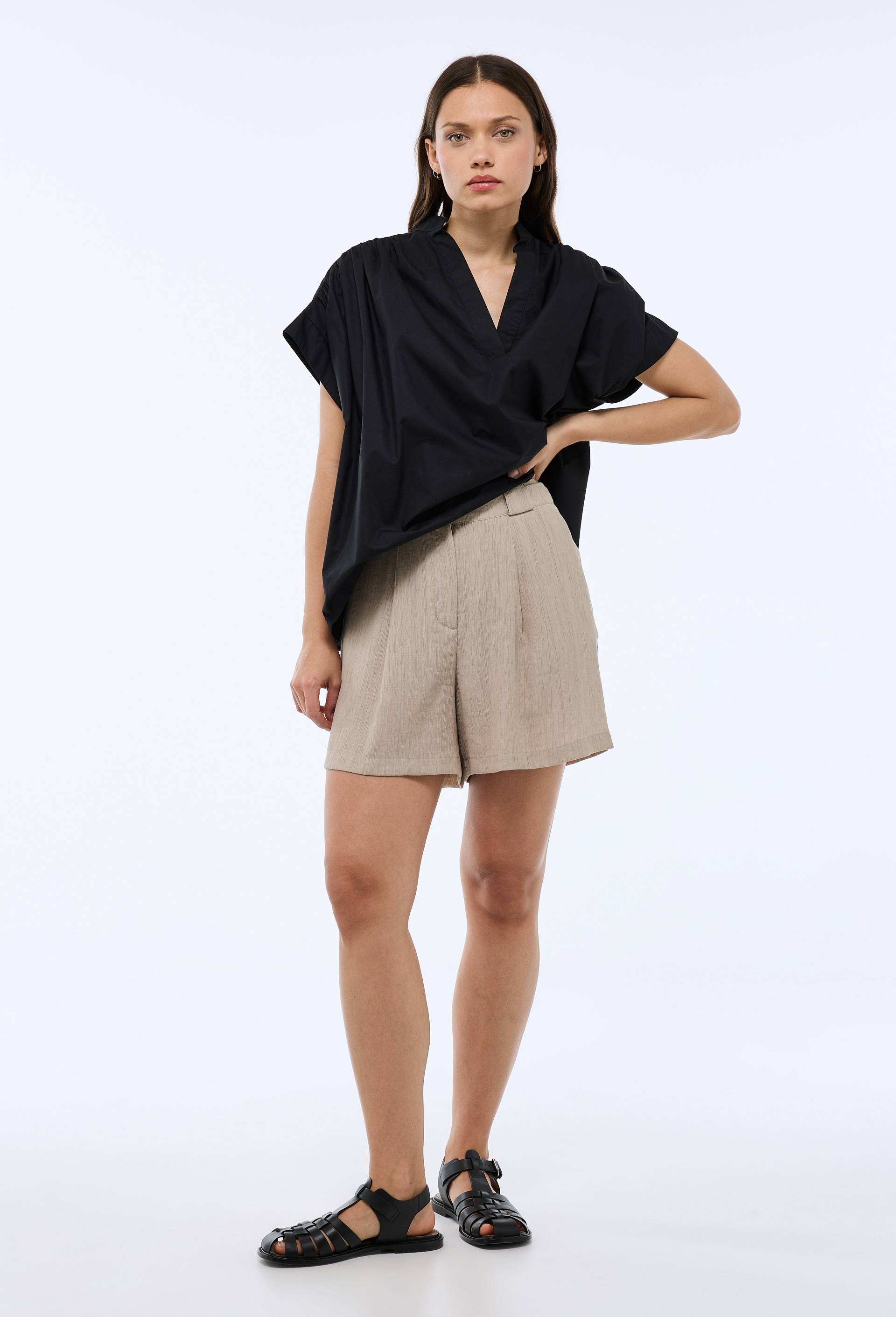 Short uni ceintur&eacute; taille haute, Beige clair, large image number 0