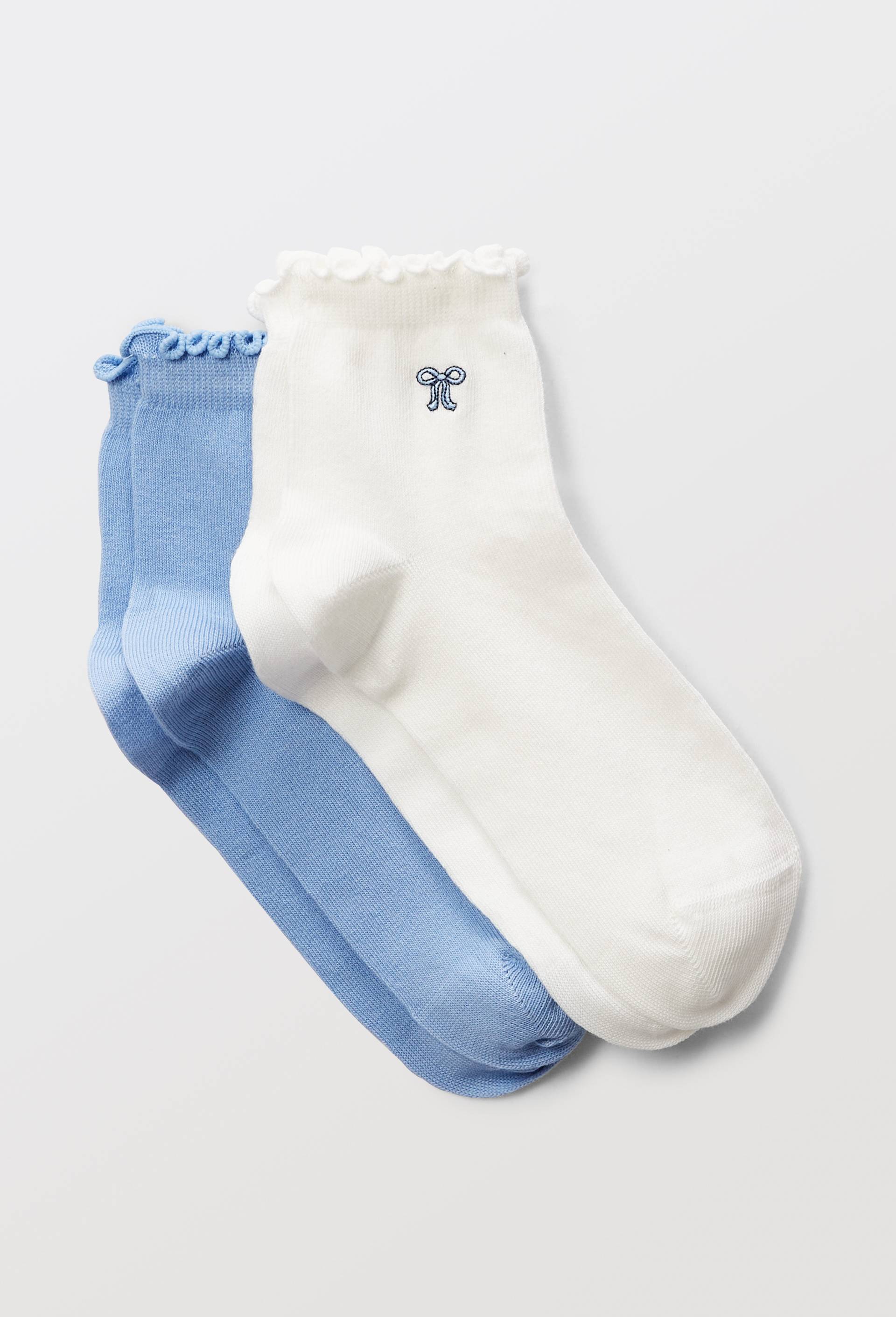 Lot de 2 paires de socquettes fantaisies brod&eacute;es en coton, Bleu, large image number 0