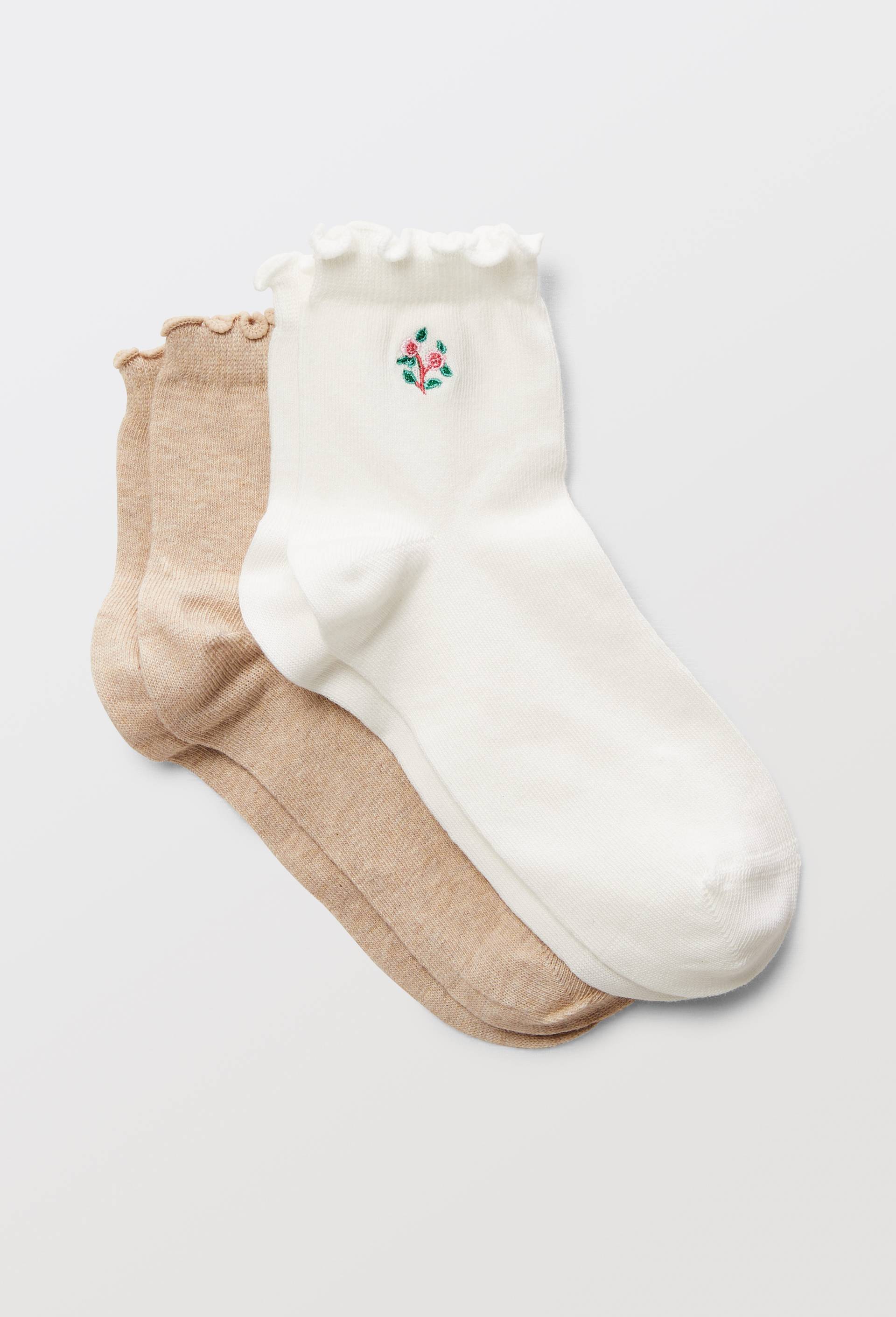 Lot de 2 paires de socquettes fantaisies brod&eacute;es en coton, Beige clair, swatch image