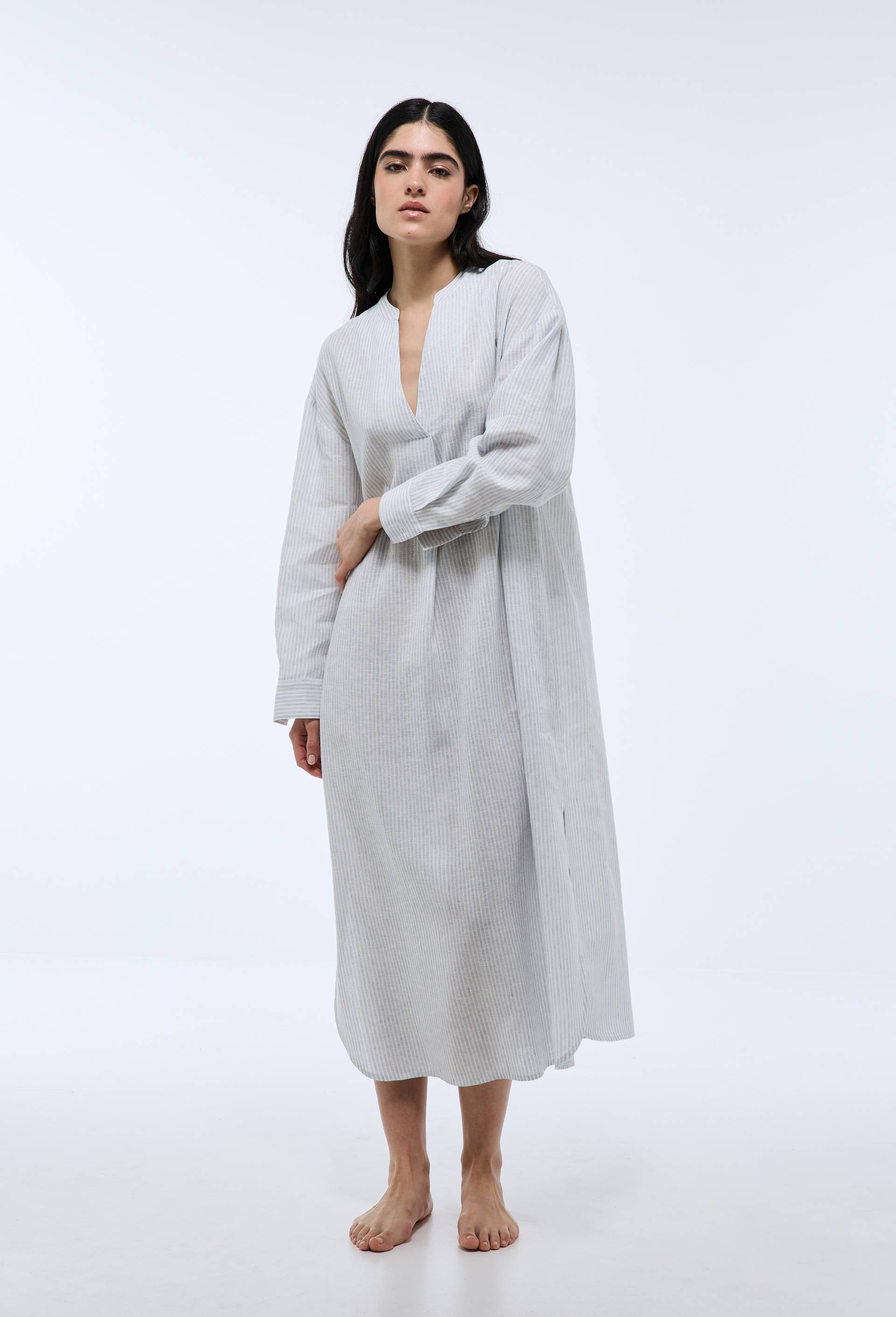 Chemise de nuit longue ray&eacute;e lin coton, Bleu, large image number 0