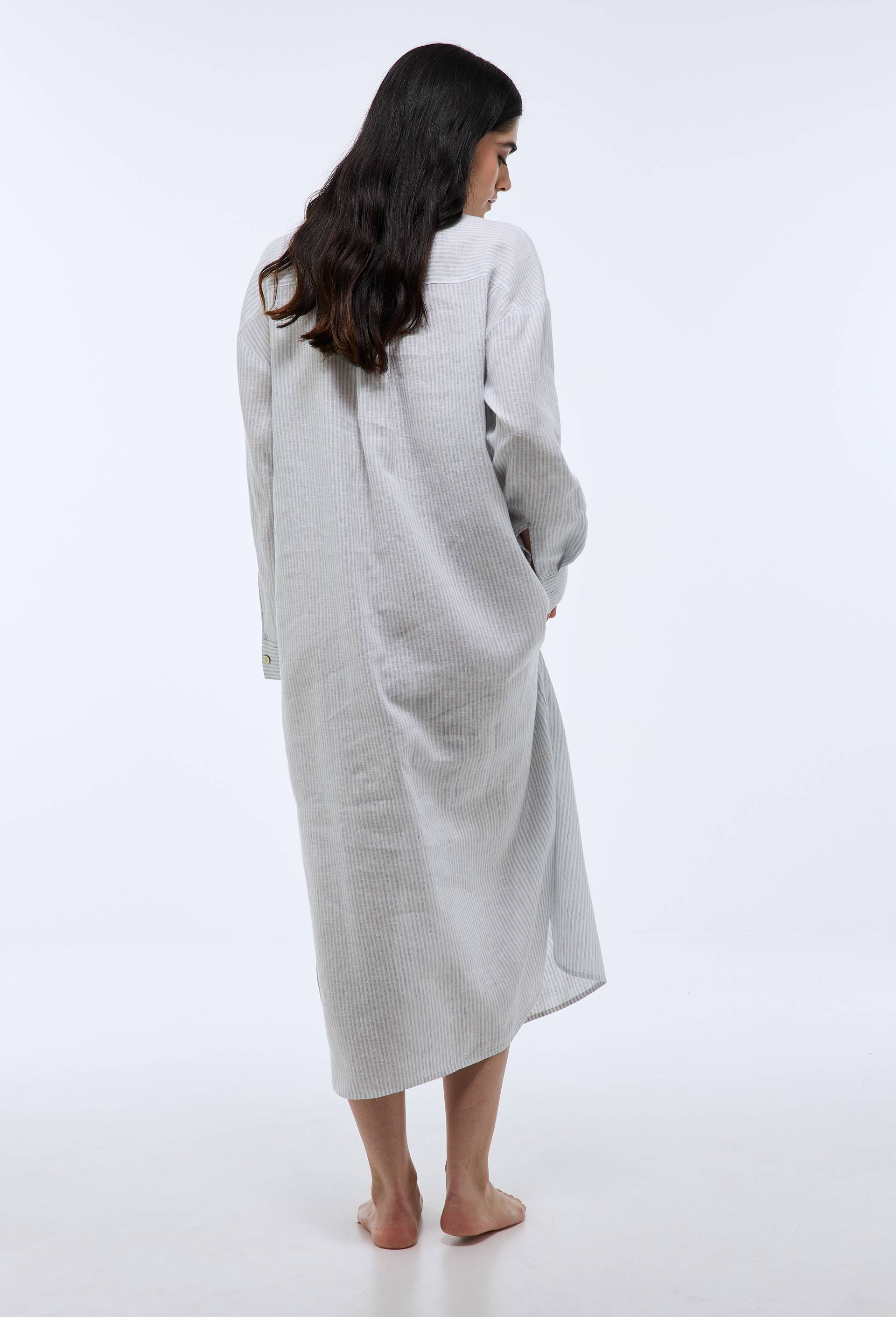 Chemise de nuit longue ray&eacute;e lin coton, Bleu, large image number 1