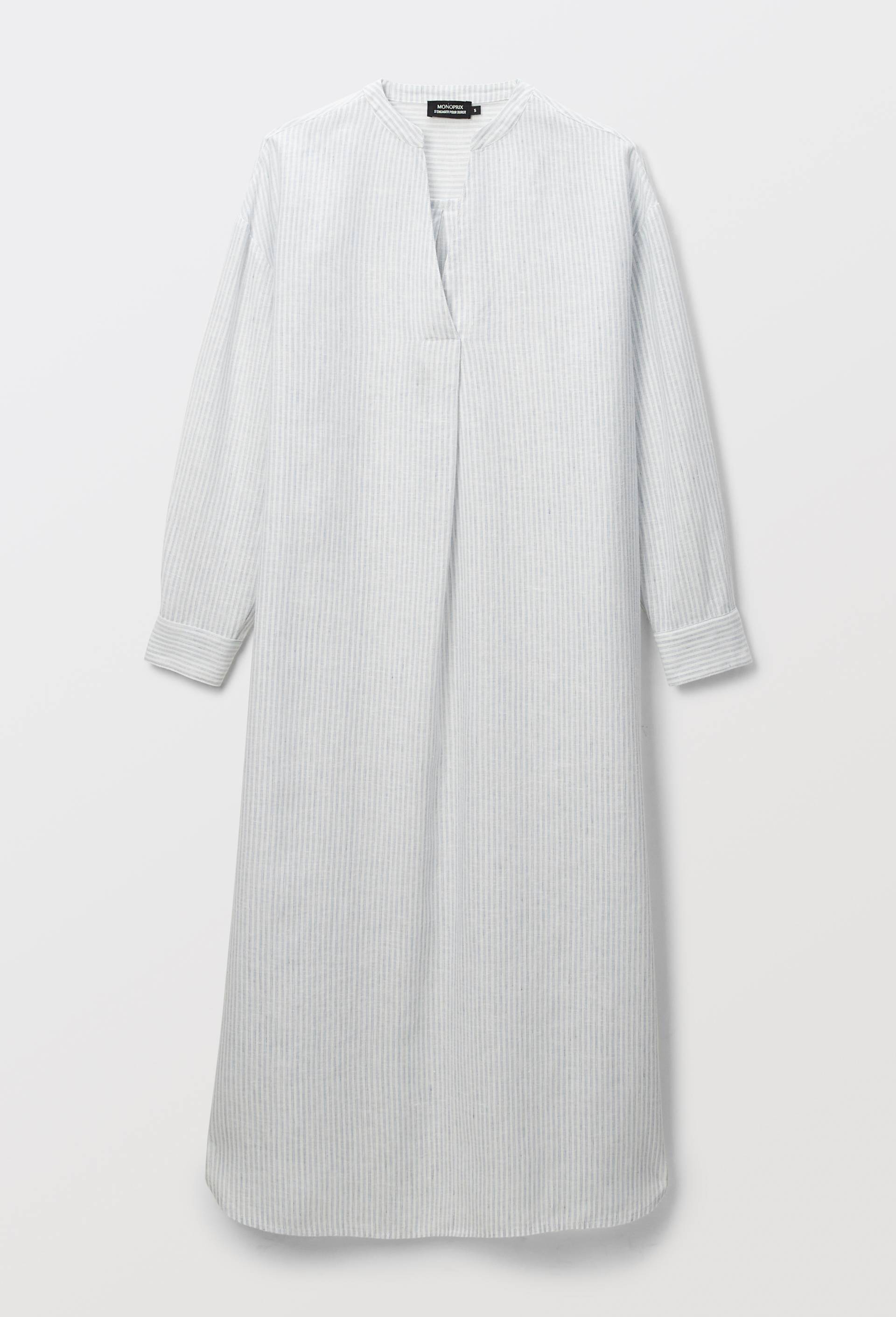 Chemise de nuit longue ray&eacute;e lin coton, Bleu, large image number 2